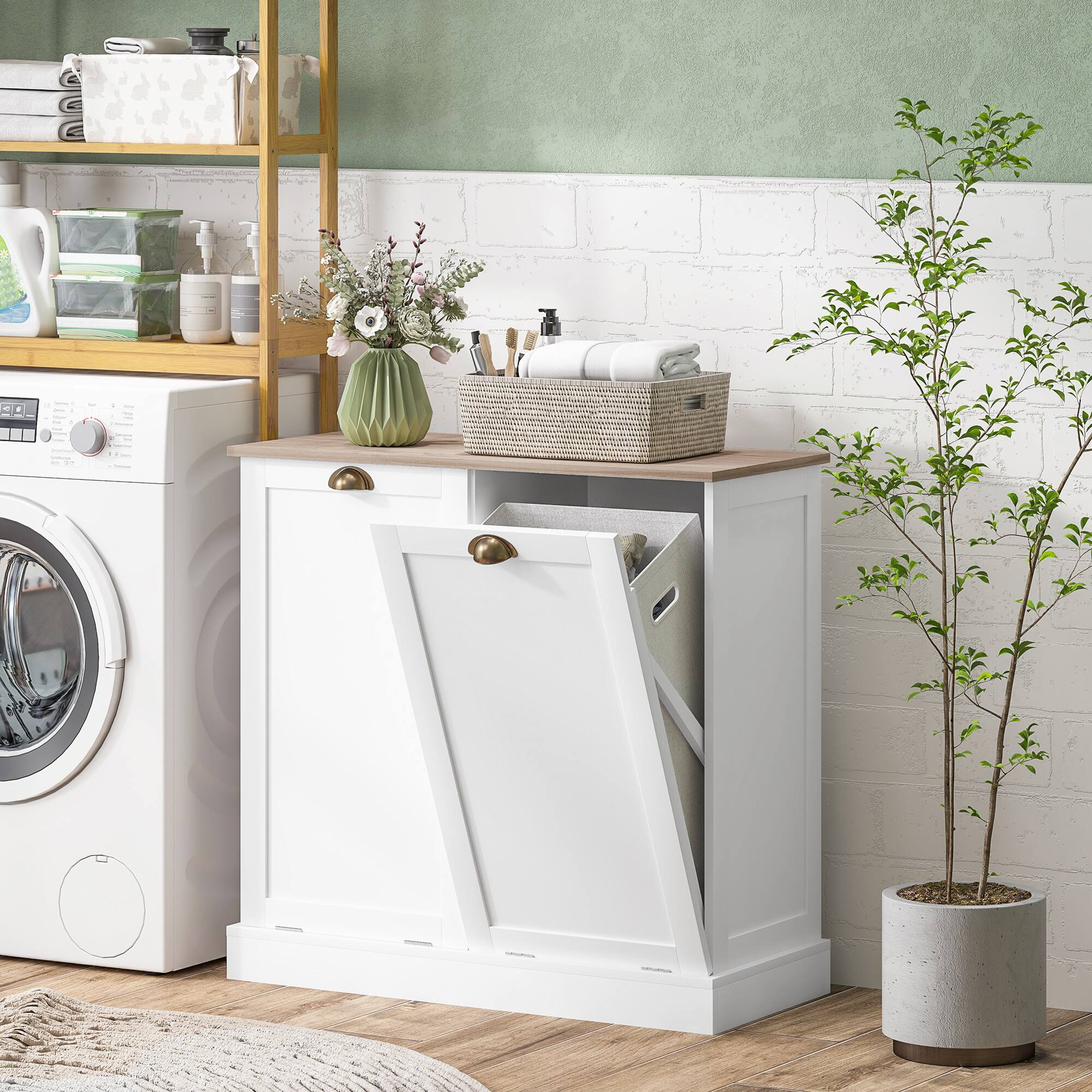 Alt View 1. Homcom - Double Tilt-Out Laundry Hamper Cabinet with 2 Removable Basket, Modern Bathroom Storage Cabinet with Shaker Doors - White.