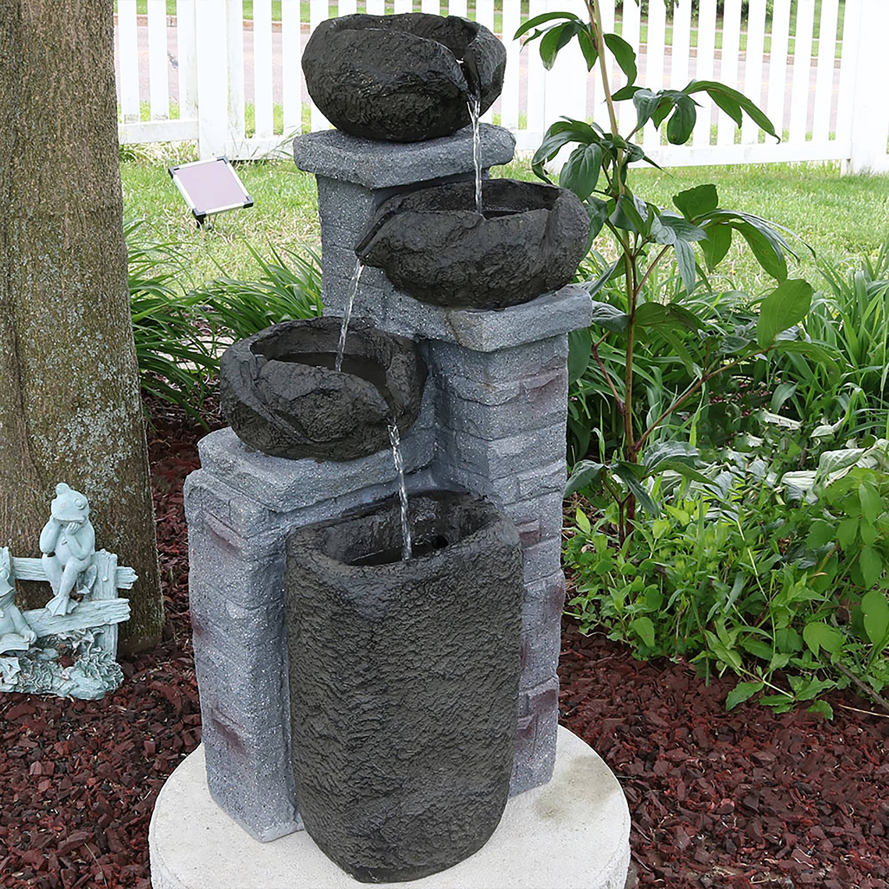 Alt View 3. Sunnydaze - Cascading Stone Bowl Solar Water Fountain with LED Lights - 27 in - Brown.