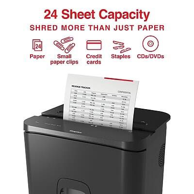 24 Sheet Capacity  
SHRED MORE THAN JUST PAPER  

- Paper  
- Small paper clips  
- Credit cards  
- Staples  
- CDs/DVDs  

REVENUE TRACKER  
CONFIDENTIAL