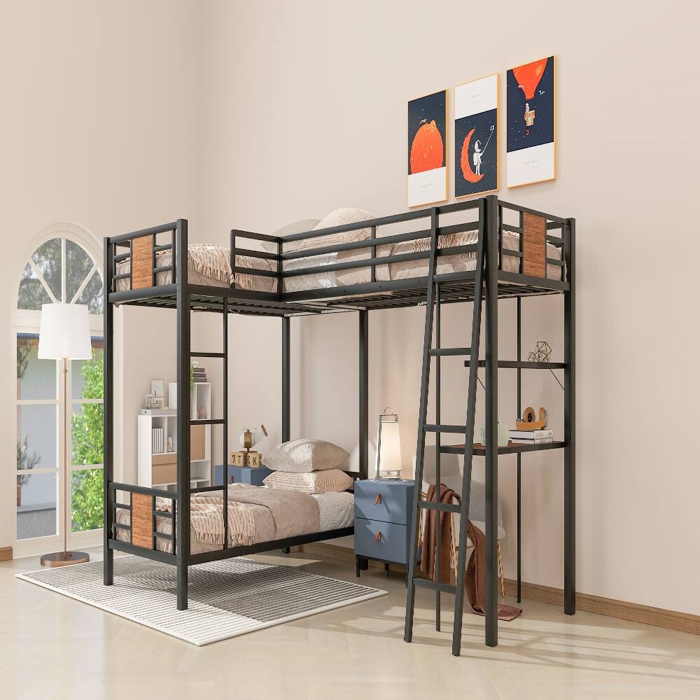 Back. Loheer - Loheer L-Shaped Twin Over Twin Bunk Bed with Loft Bed Desk and Shelves Black Metal - Black.