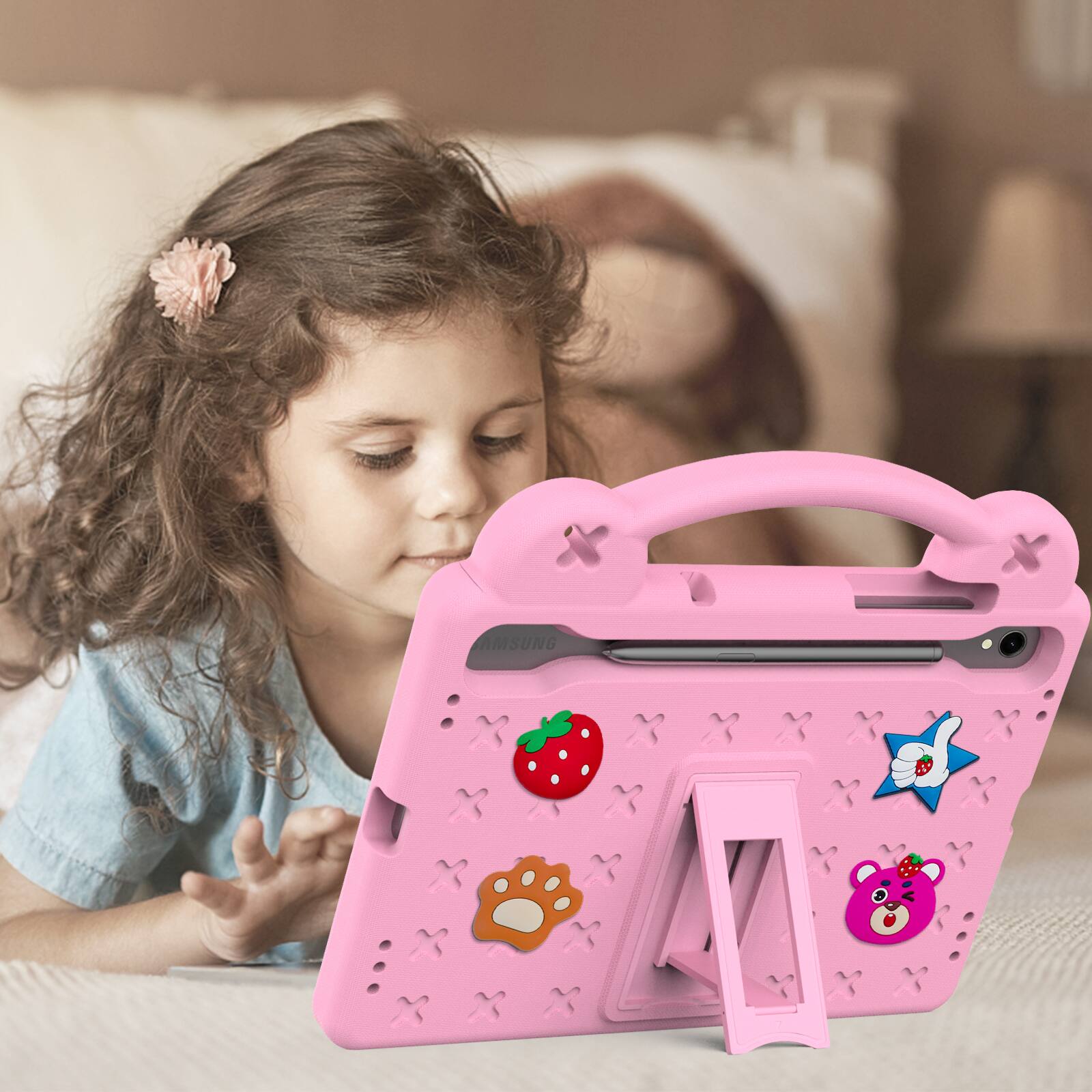 Alt View 4. Dteck - For Samsung Galaxy Tab S9 FE/S9/S8/S7 Cute Cartoon Kid Case Built-in Kickstand Handle Grip Shockproof Cover - Pink.