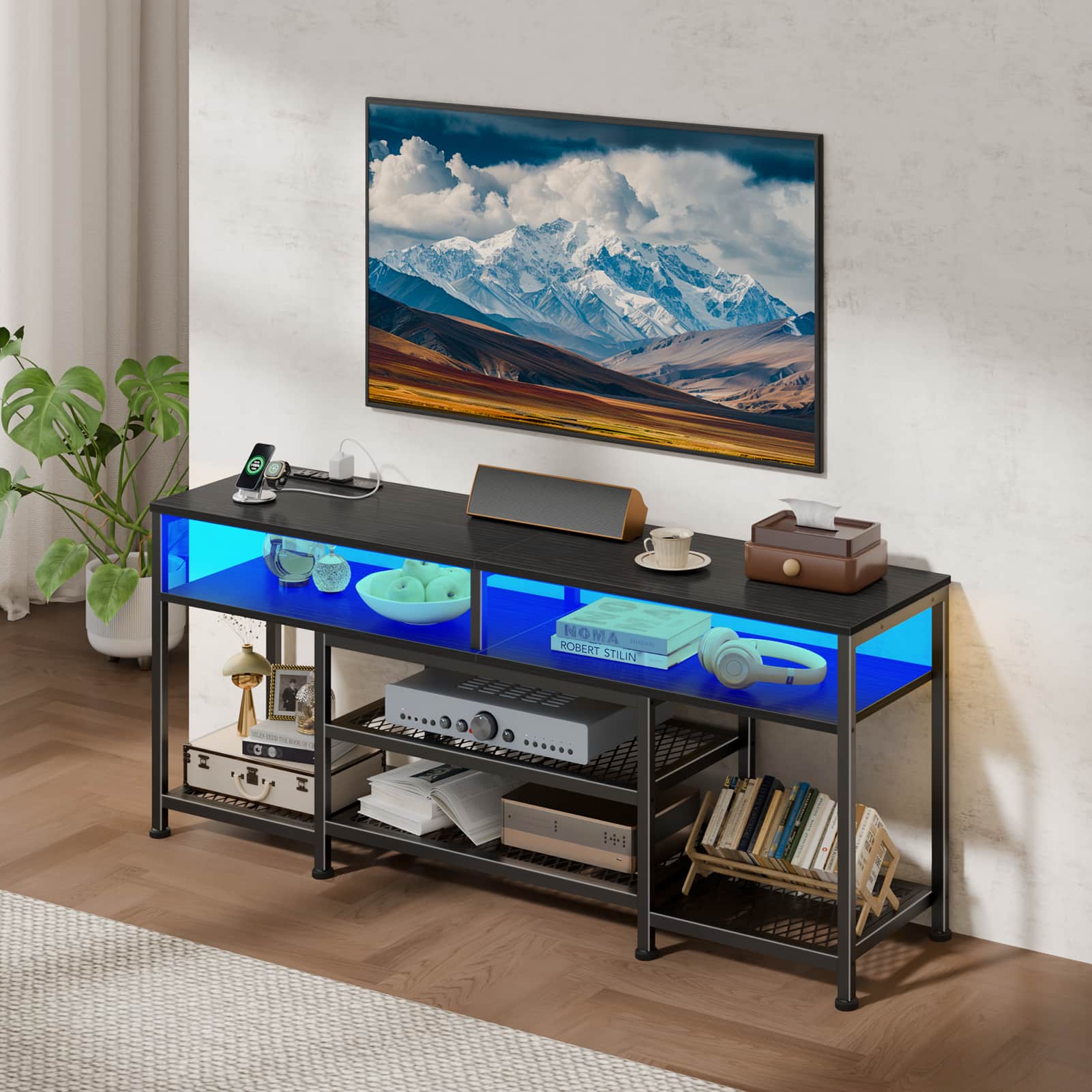 Furnulem - Contemporary LED Entertainment Center with Charging Outlets TV Stand for Large TVs Media Console with Storage Cabinet - Black