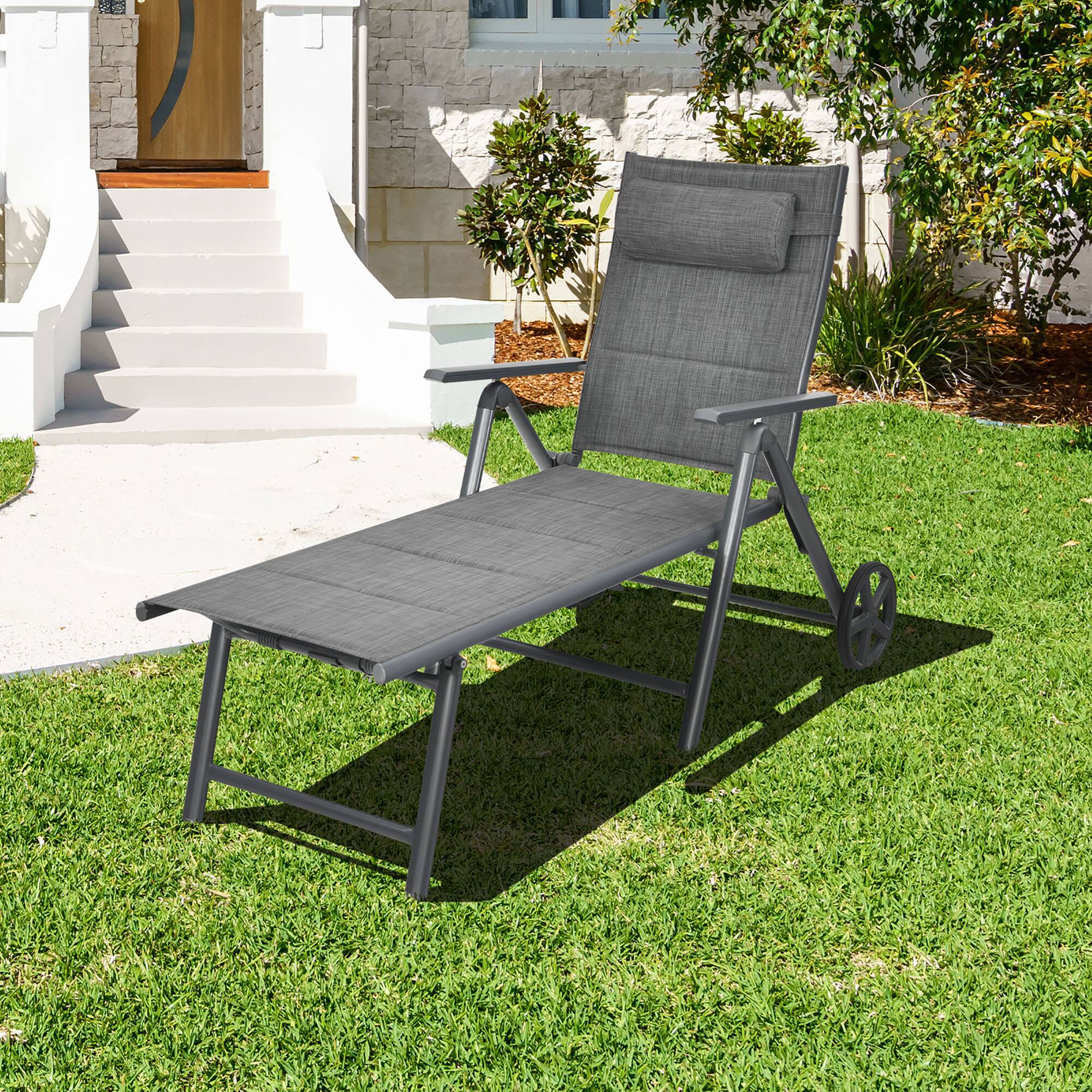 Alt View 1. Costway - Costway  Patio Reclining Chaise Lounge Padded Chair Aluminum Adjust Neck Pillow - Gray.
