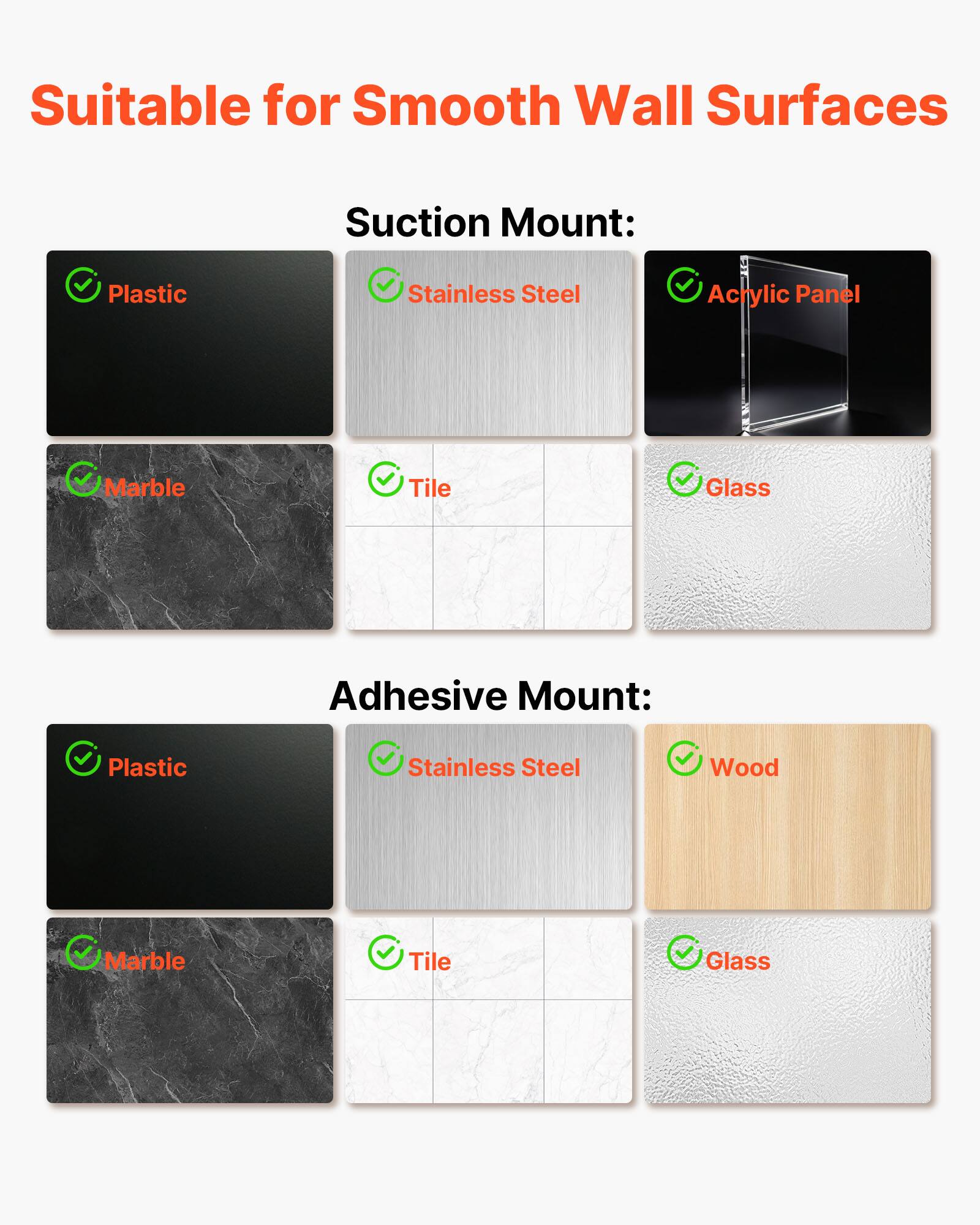Suitable for Smooth Wall Surfaces

Suction Mount:
- Plastic
- Stainless Steel
- Acrylic Panel
- Marble
- Tile
- Glass

Adhesive Mount:
- Plastic
- Stainless Steel
- Wood
- Marble
- Tile
- Glass