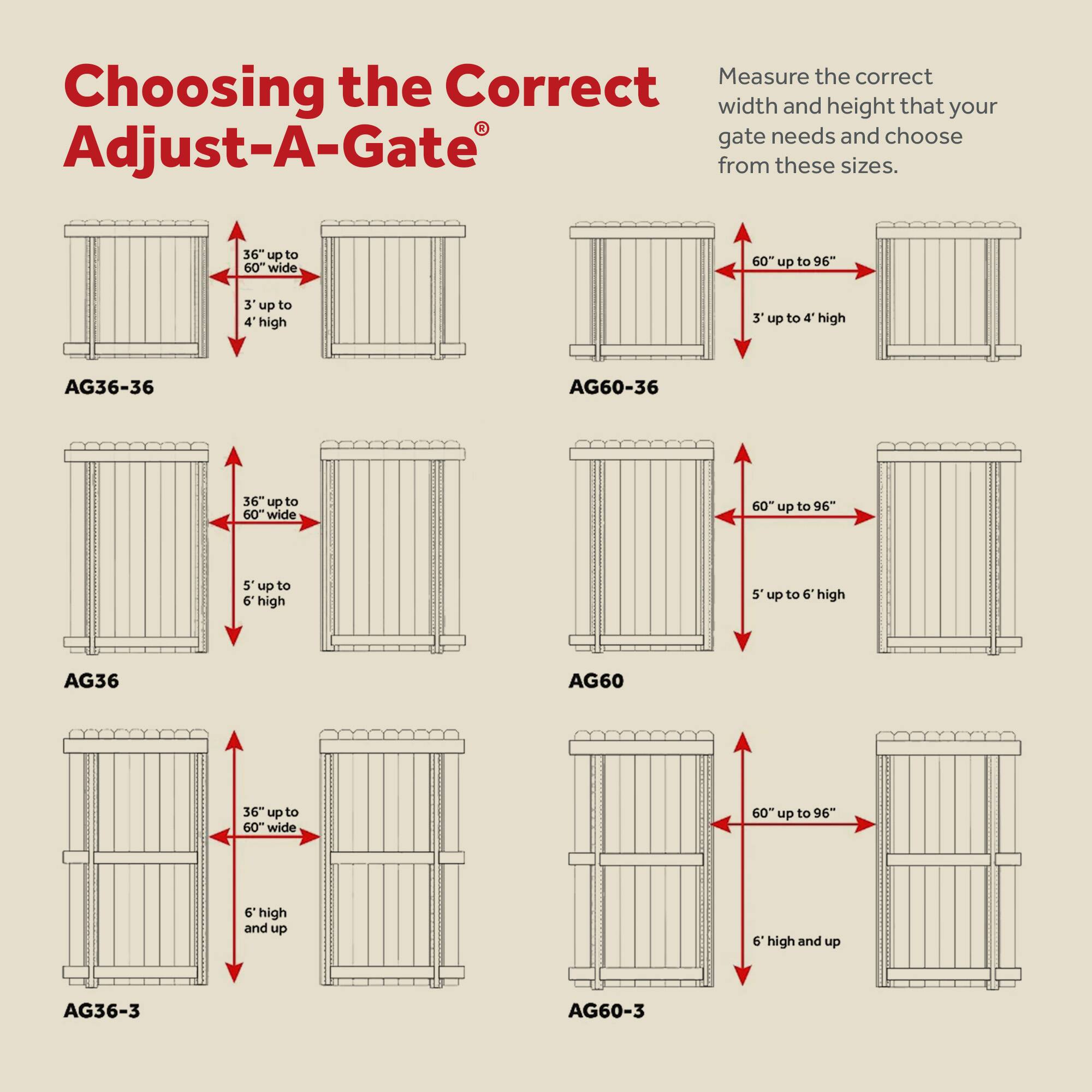 Choosing the Correct Adjust-A-Gate®

Measure the correct width and height that your gate needs and choose from these sizes.

AG36-36  
36" up to 60" wide  
3' up to 4' high

AG60-36  
60" up to 96" wide  
3' up to 4' high

AG36  
36" up to 60" wide  
5' up to 6' high

AG60  
60" up to 96" wide  
5' up to 6' high

AG36-3  
36" up to 60" wide  
6' high and up

AG60-3  
60" up to 96" wide  
6' high and up