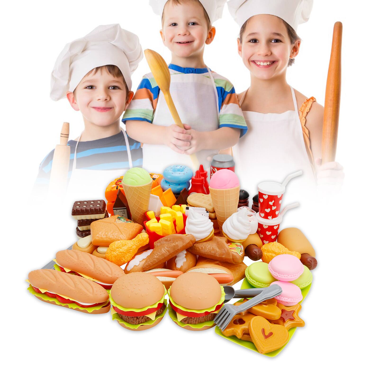 Left. Topteng - Kitchen Pretend Play Set - Simulated Fast Food Toys with Burger & Pizza for Kids, Role Play for Toddler.