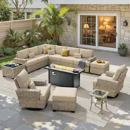 Ovios - 13 PCS Patio Furniture Set with 54" Fire Pit Table Sectional Couch with Swivel Chair & Ottoman - Beige