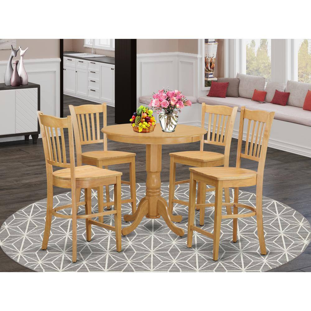 Back. East West Furniture - 5 PC counter height pub set - Kitchen Table and 4 bar stools. - Oak.