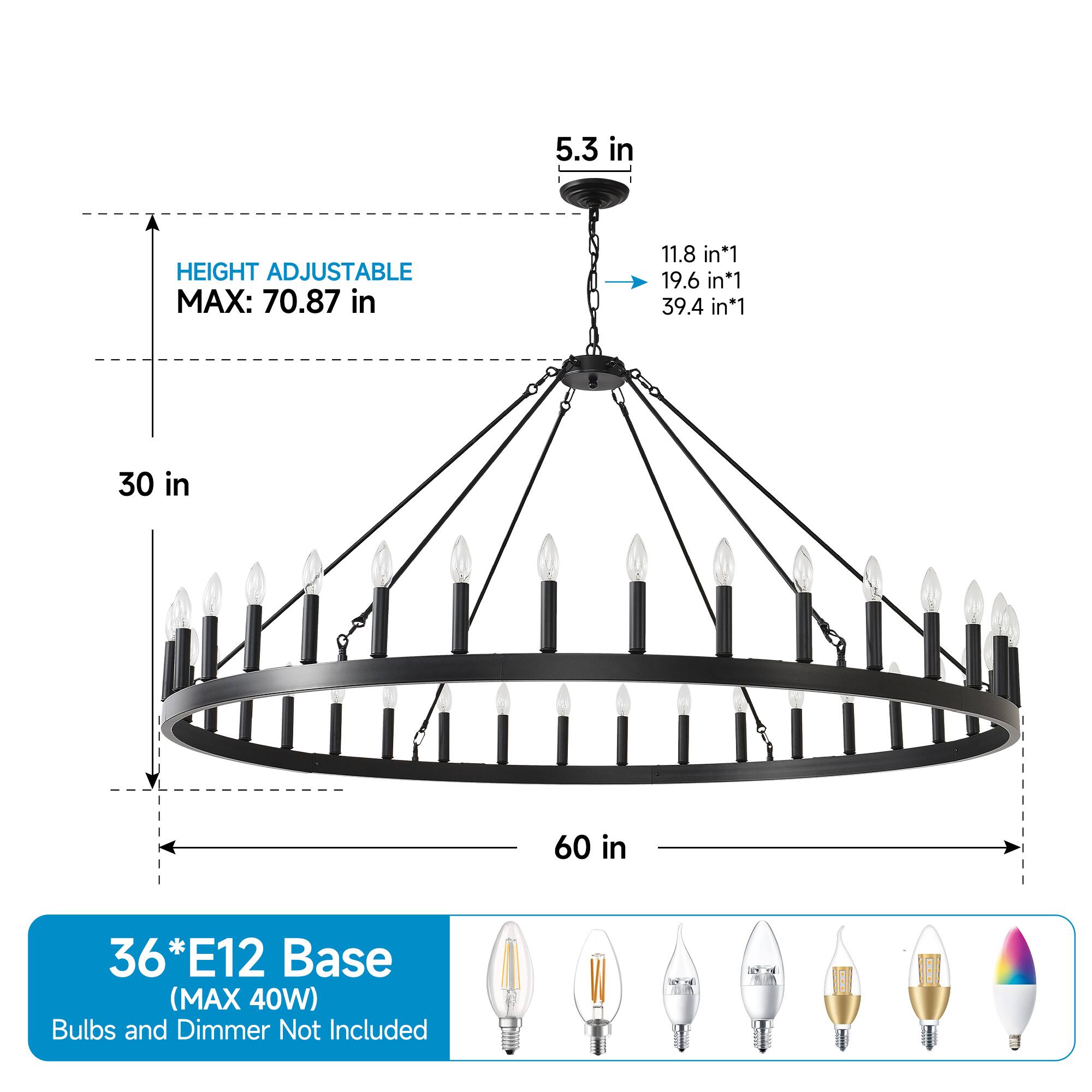 Sure, here is the corrected and grouped text from the image:

---

**Height Adjustable:**
- MAX: 70.87 in

**Dimensions:**
- 5.3 in
- 11.8 in*1
- 19.6 in*1
- 39.4 in*1
- 30 in
- 60 in

**Base:**
- 36*E12 Base (MAX 40W)
- Bulbs and Dimmer Not Included

---