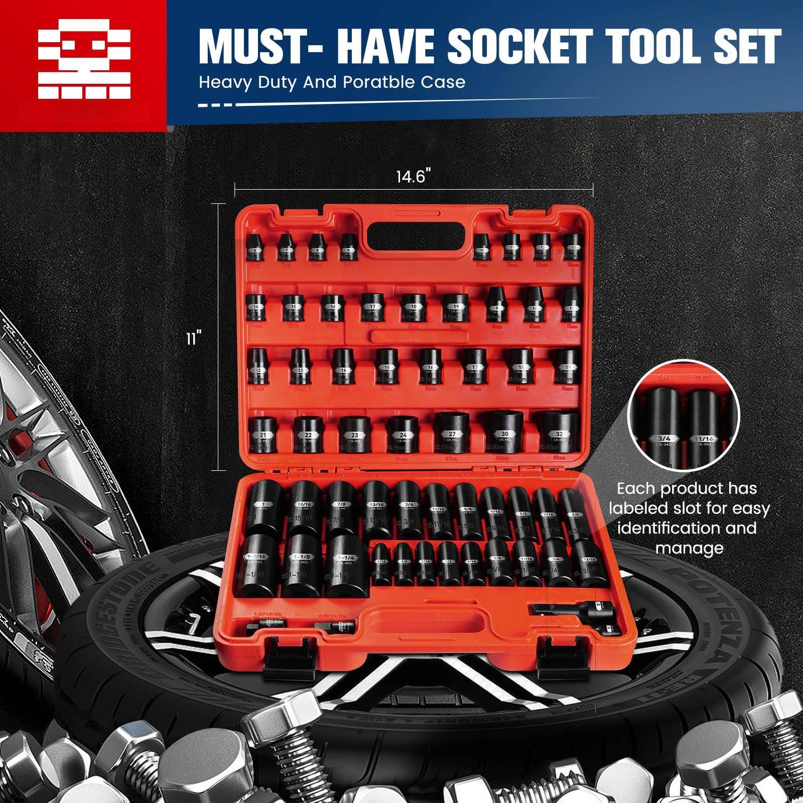MUST-HAVE SOCKET TOOL SET  
Heavy Duty And Portable Case  

14.6" x 11"  

Each product has labeled slot for easy identification and management  

P0 TENZA