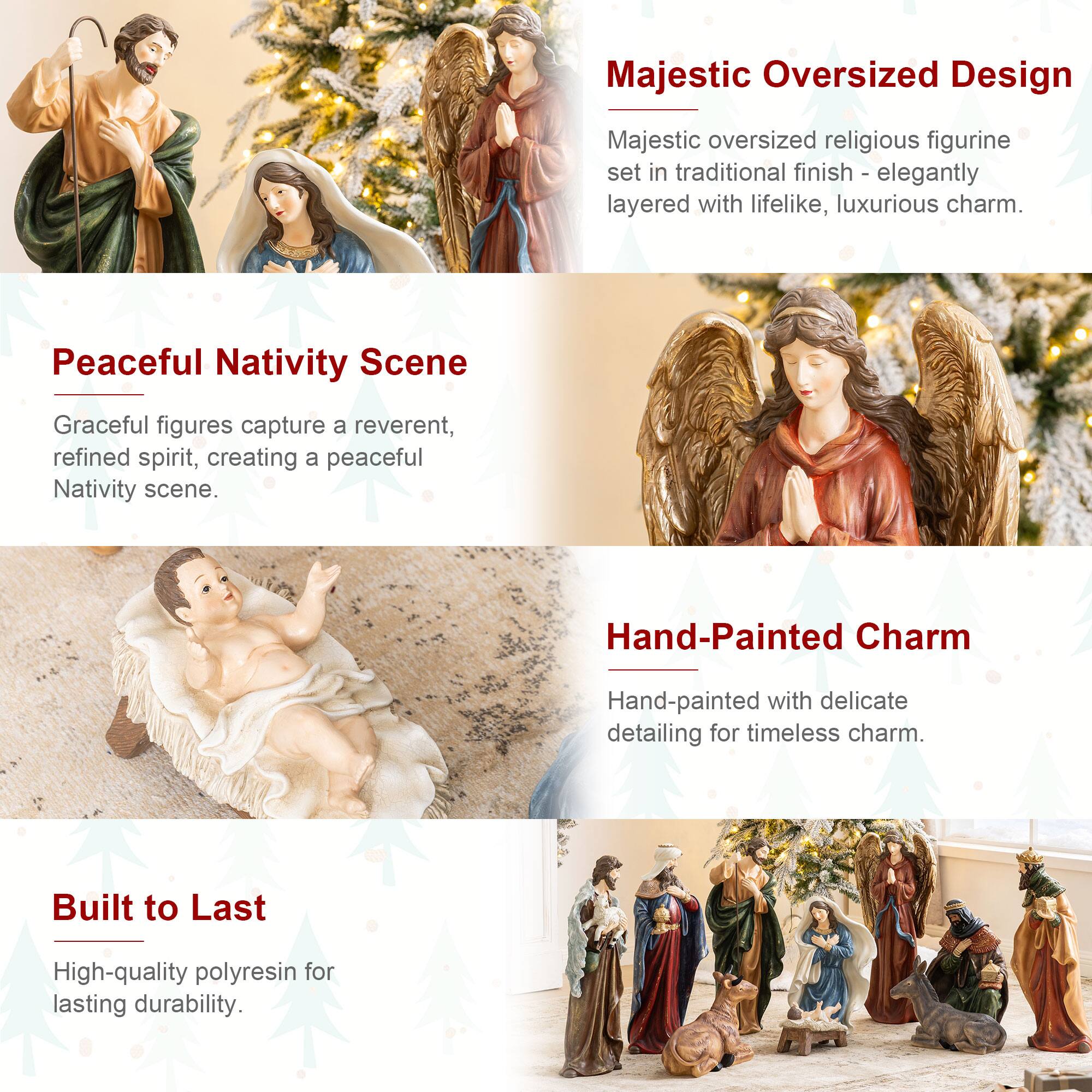 Majestic Oversized Design  
Majestic oversized religious figurine set in traditional finish - elegantly layered with lifelike, luxurious charm.

Peaceful Nativity Scene  
Graceful figures capture a reverent, refined spirit, creating a peaceful Nativity scene.

Hand-Painted Charm  
Hand-painted with delicate detailing for timeless charm.

Built to Last  
High-quality polyresin for lasting durability.