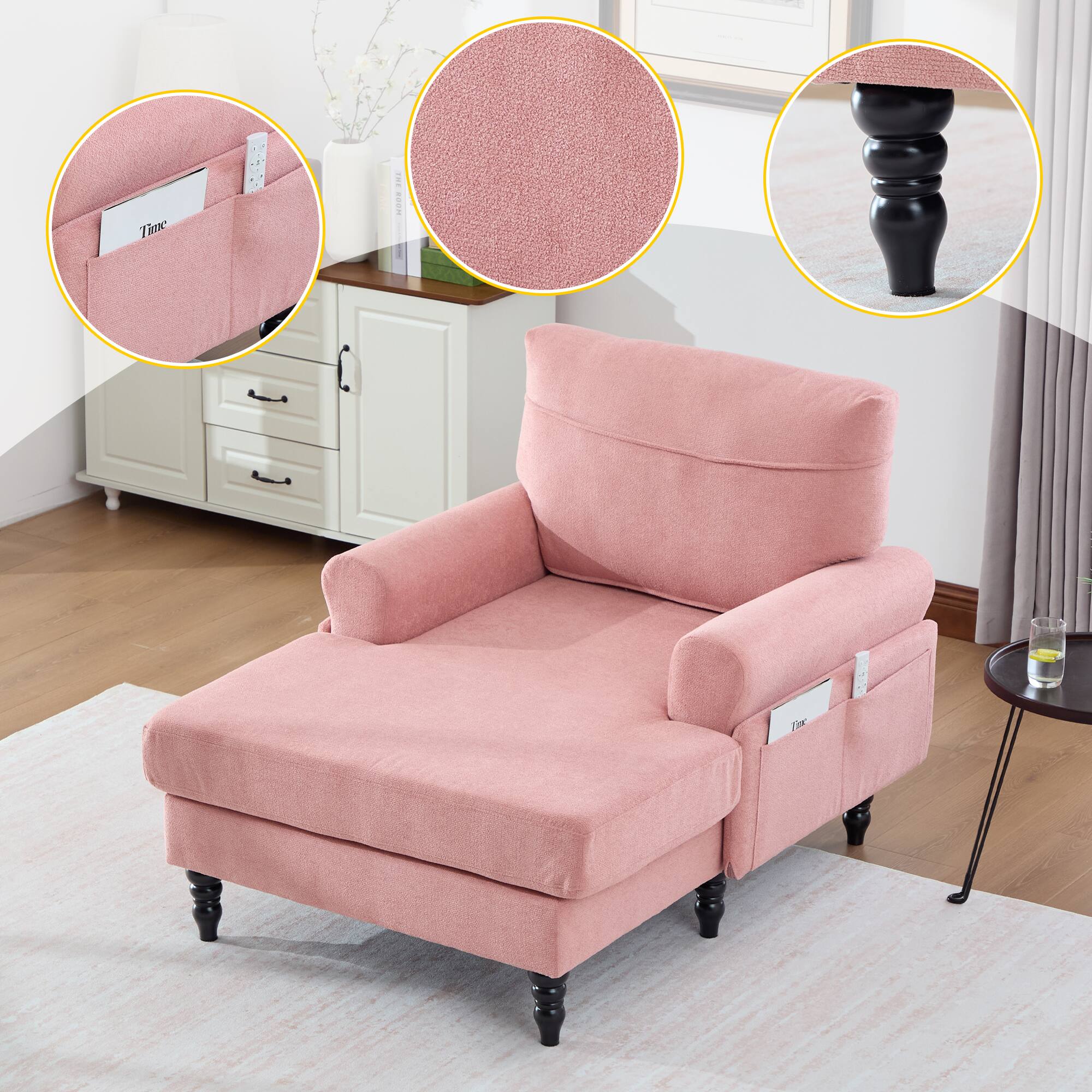 Left. Trinkets Crazed - Chenille Fabric Chaise Lounge Recliner Single Sofa Living Room Bedroom Rest Chair Wooden Sofa Legs - Pink.