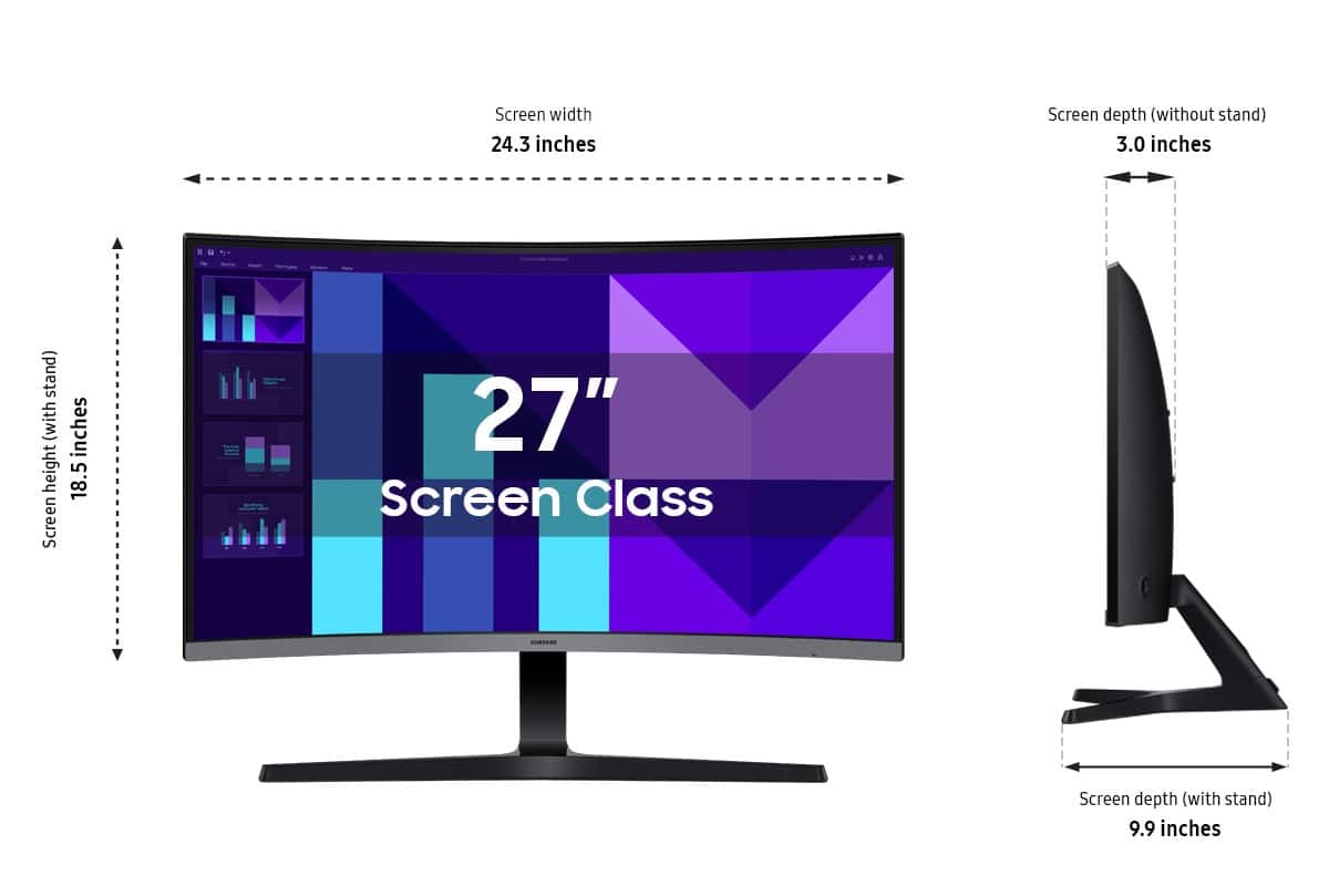 Screen width: 24.3 inches
Screen depth (without stand): 3.0 inches
Screen depth (with stand): 9.9 inches
Screen height: 18.5 inches
Screen Class: 27"