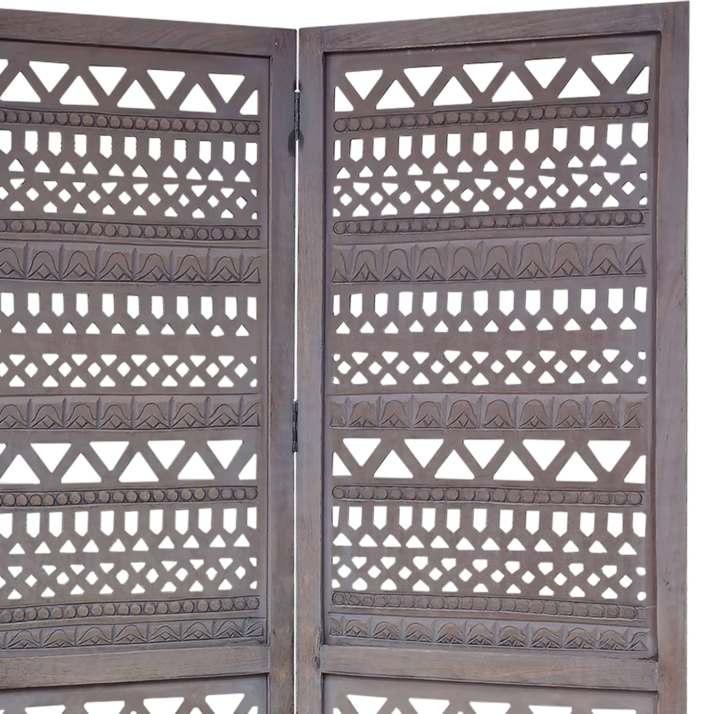 Alt View 1. Manhattan Lane - Karma 3 Panel Folding Room Divider Screen, Antique Gray Mango Wood, Inticate Cut out Geometric Design - Gray.