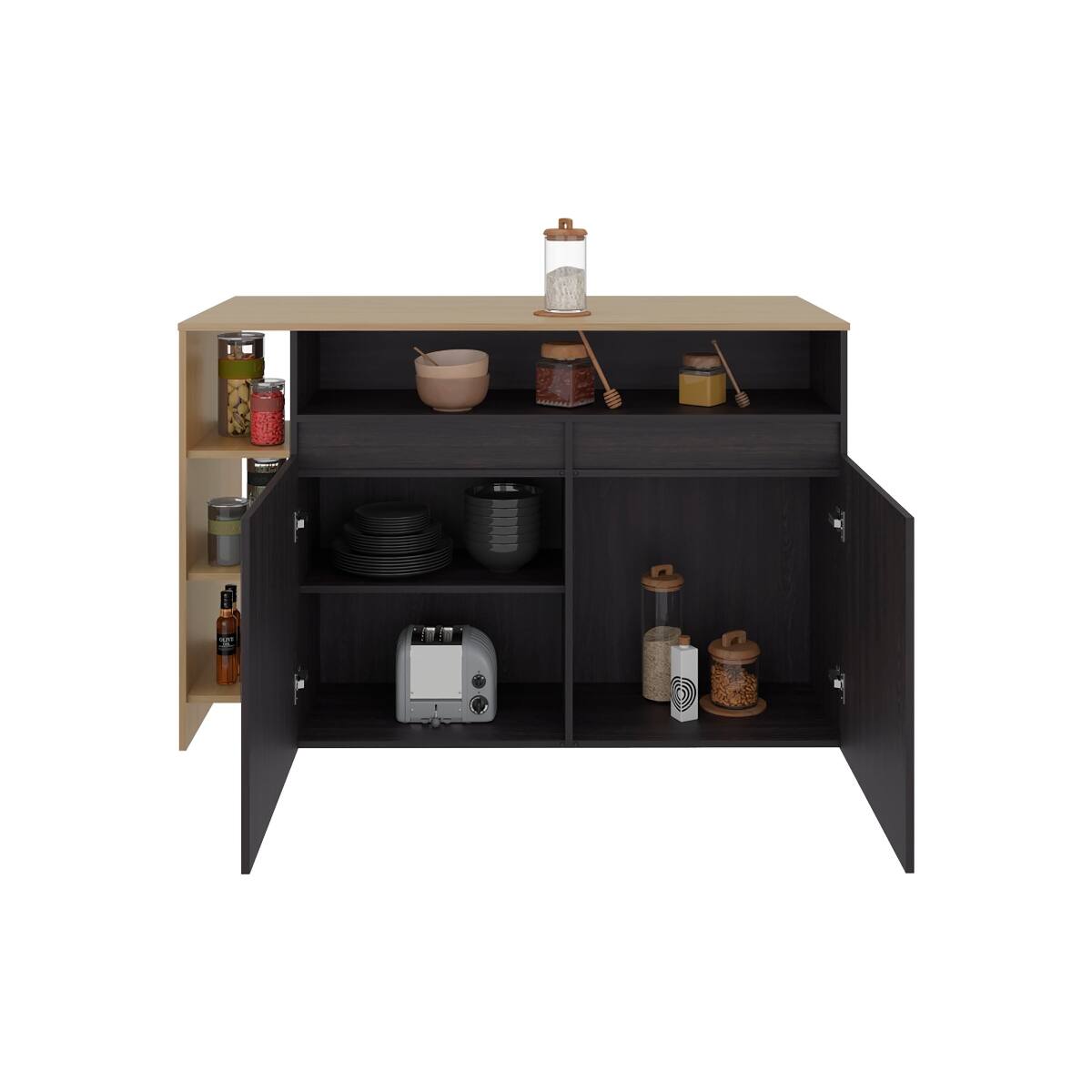 Alt View 4. Loheer - Loheer modern freestanding kitchen island with 4 open display shelves and spacious dining countertop - Multi.