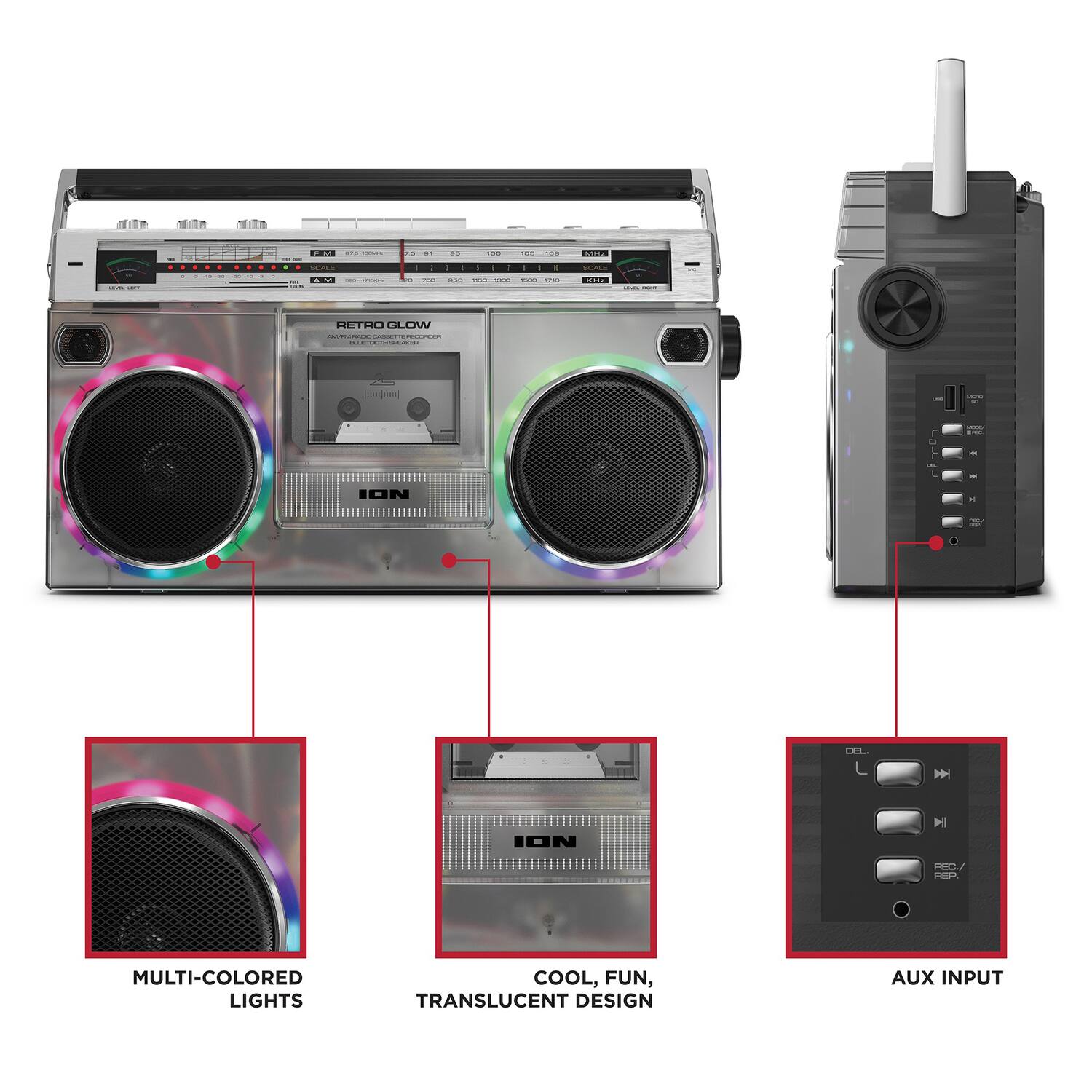 - Retro Glow
- Multi-Colored Lights
- Cool, Fun, Translucent Design
- Aux Input