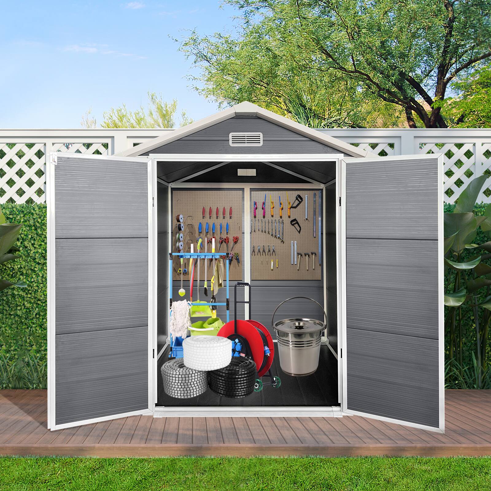 Angle. Mondawe - 6x6 Ft Plastic Outdoor Storage with Floor and Lockable Door - Grey.