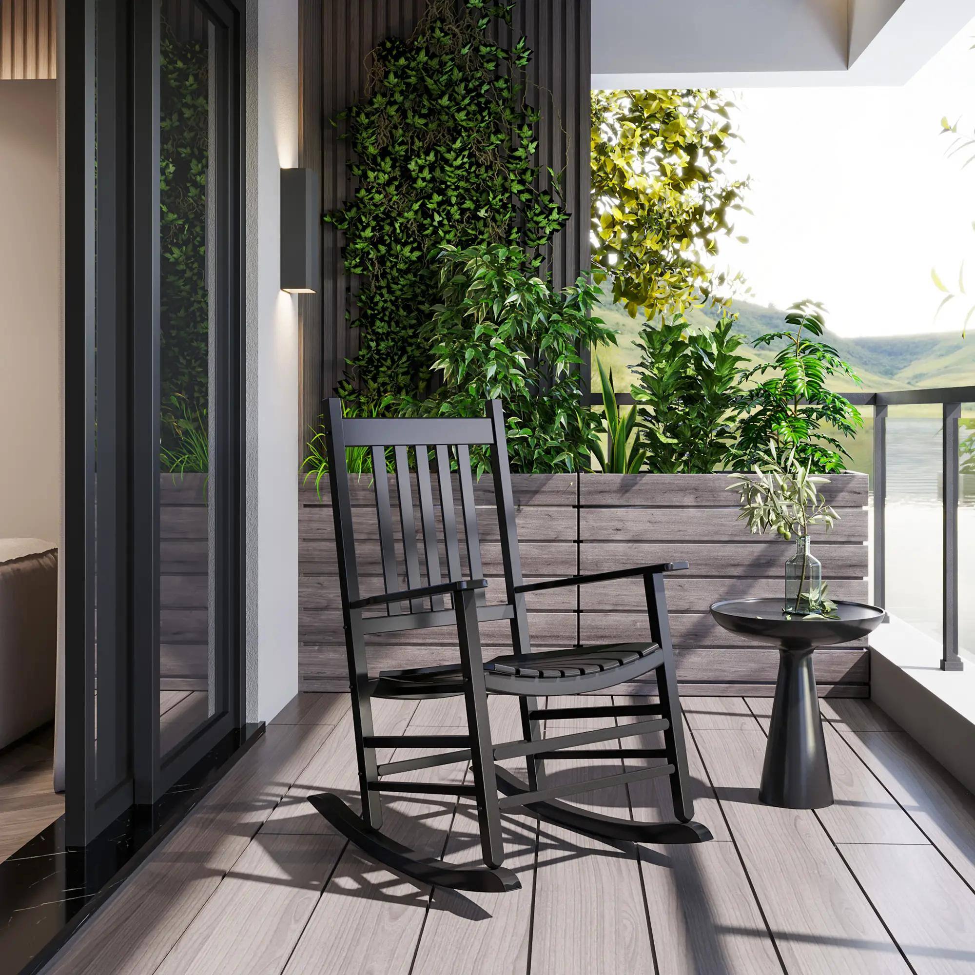 Left. Resenkos - Resenkos Outdoor Rocking Seat, Patio Swing Chair with Sleek Curves, Dense Wood Rockers for Outdoor, Garden, Deck, Black - Black.