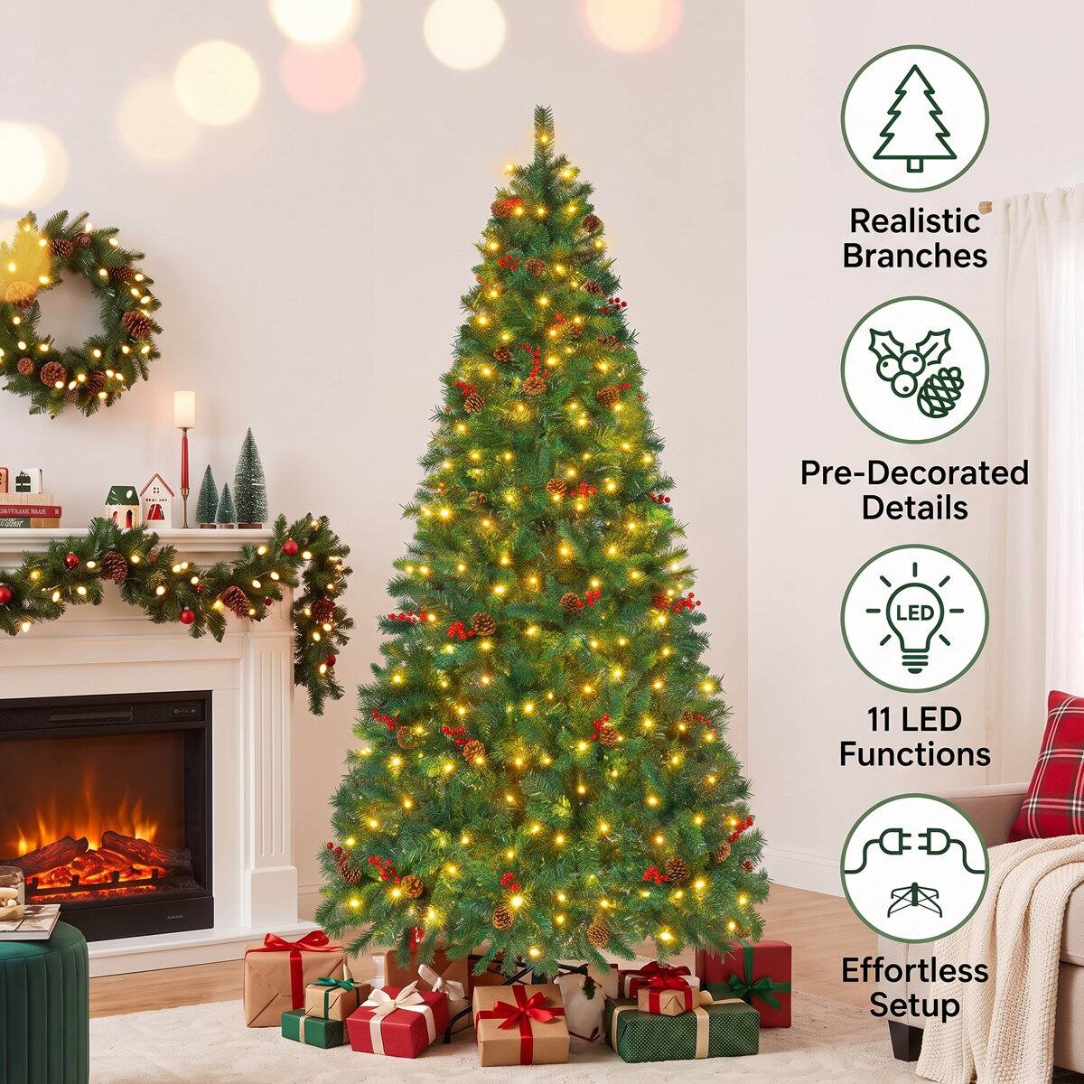 Realistic Branches  
Pre-Decorated Details  
LED  
11 LED Functions  
Effortless Setup
