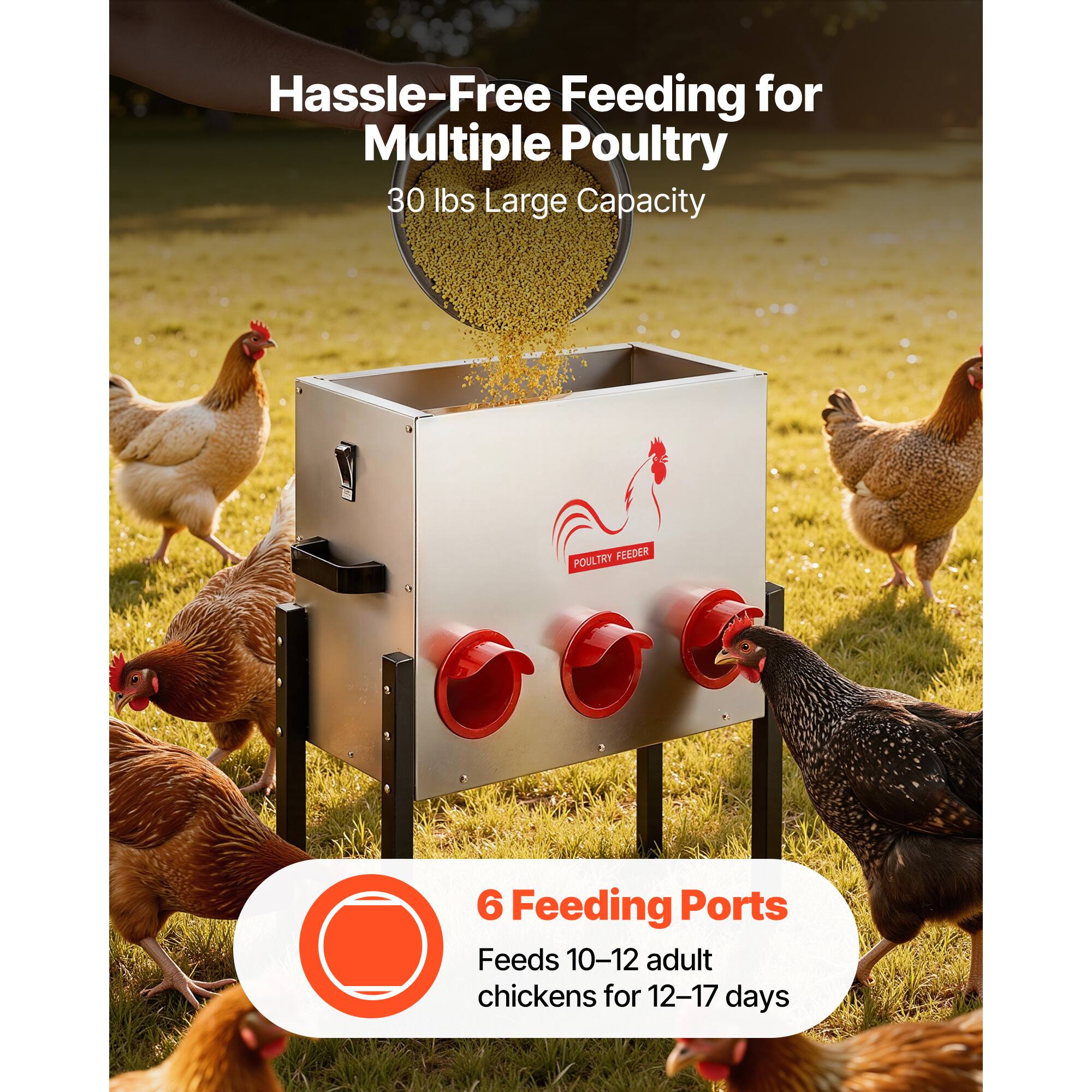 Hassle-Free Feeding for Multiple Poultry  
30 lbs Large Capacity  

6 Feeding Ports  
Feeds 10-12 adult chickens for 12-17 days