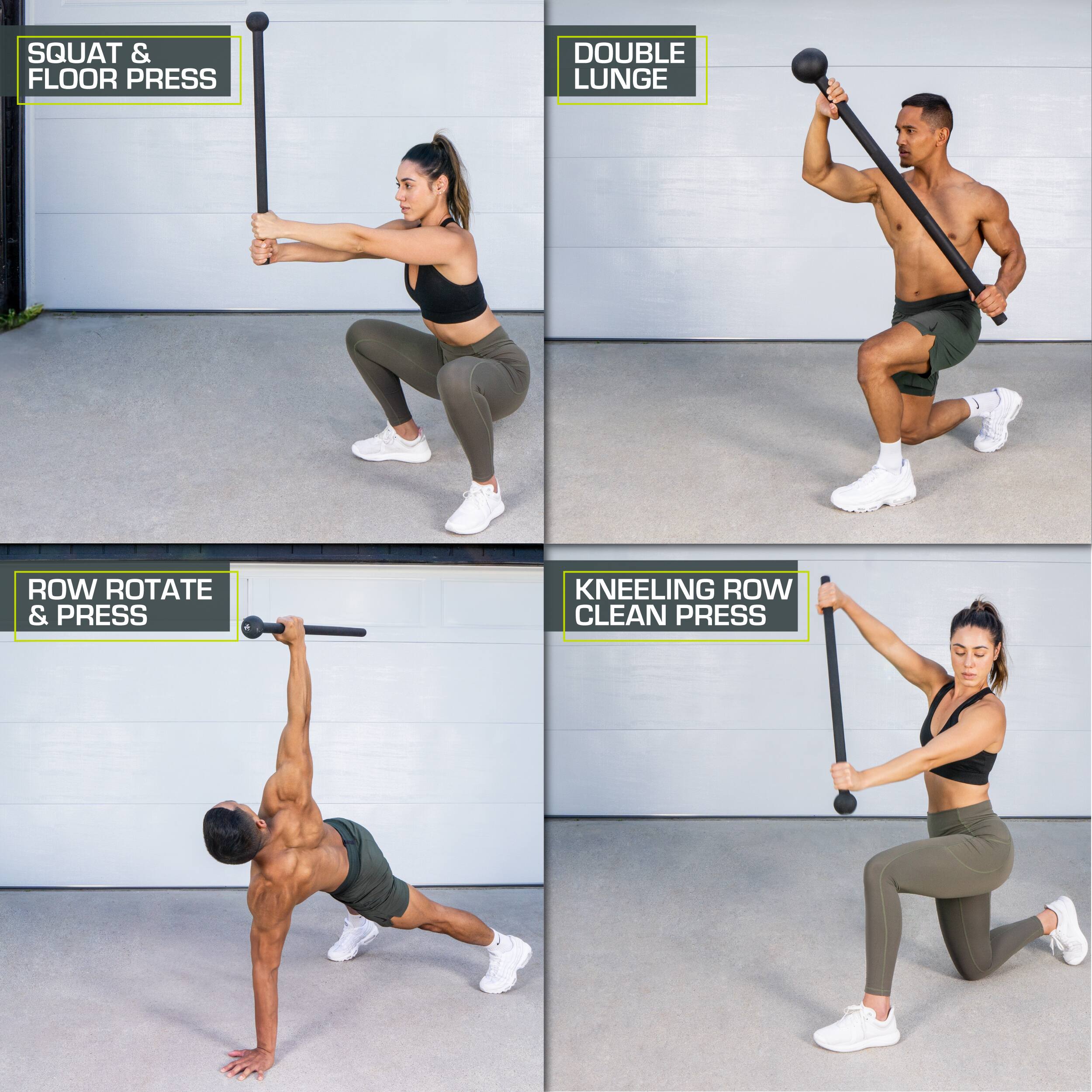 1. SQUAT & FLOOR PRESS
2. DOUBLE LUNGE
3. ROW ROTATE & PRESS
4. KNEELING ROW CLEAN PRESS