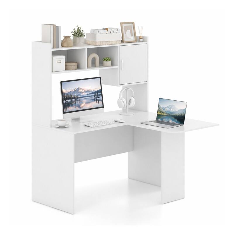 Alt View 4. WELLFOR - L Shape Desk with Open Storage Hutch and Cabinet , Tall Computer Desk for Home Office - White.