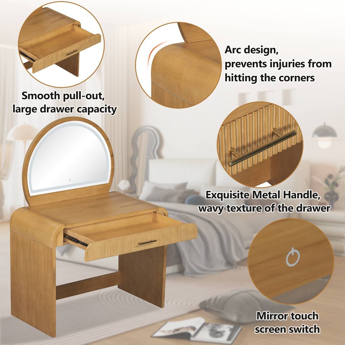 - Smooth pull-out, large drawer capacity
- Arc design, prevents injuries from hitting the corners
- Exquisite Metal Handle, wavy texture of the drawer
- Mirror touch screen switch