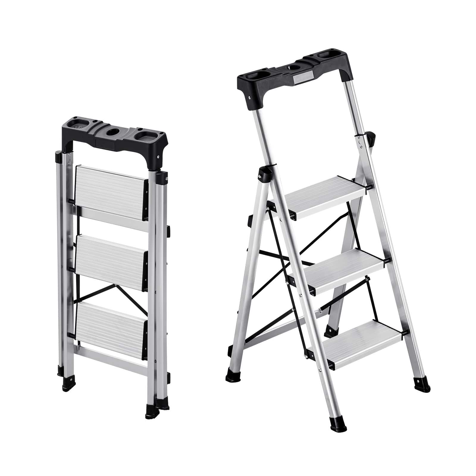 Front. VEVOR - 3 Step Ladder, Folding Step Stool with Wide Anti-Slip Pedal and Comfort Handgrip, 330 lbs Capacity Portable Aluminum - Silver.