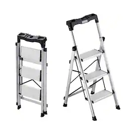 VEVOR - 3 Step Ladder, Folding Step Stool with Wide Anti-Slip Pedal and Comfort Handgrip, 330 lbs Capacity Portable Aluminum - Silver
