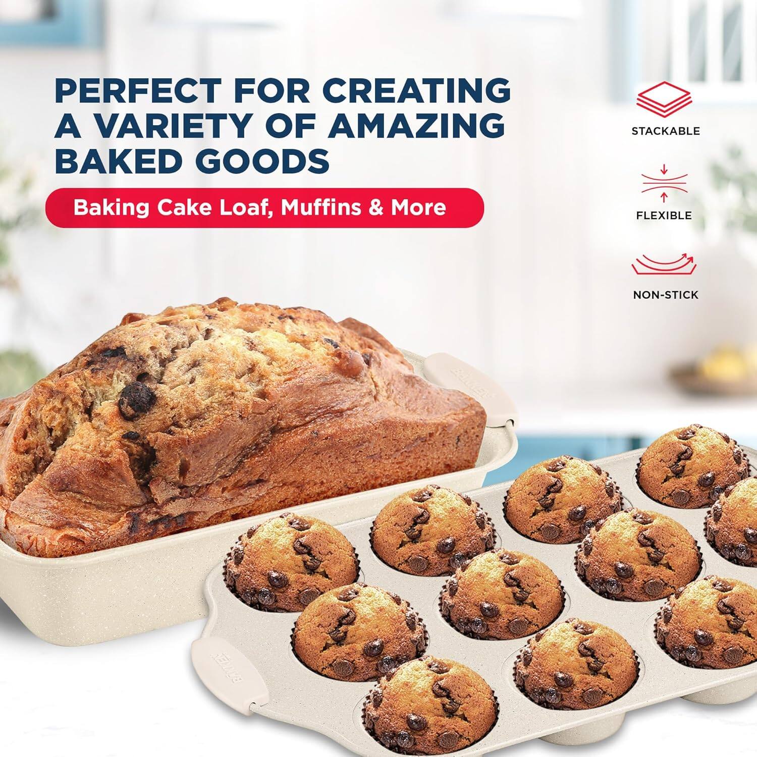 PERFECT FOR CREATING A VARIETY OF AMAZING BAKED GOODS

Baking Cake Loaf, Muffins & More

STACKABLE

FLEXIBLE

NON-STICK