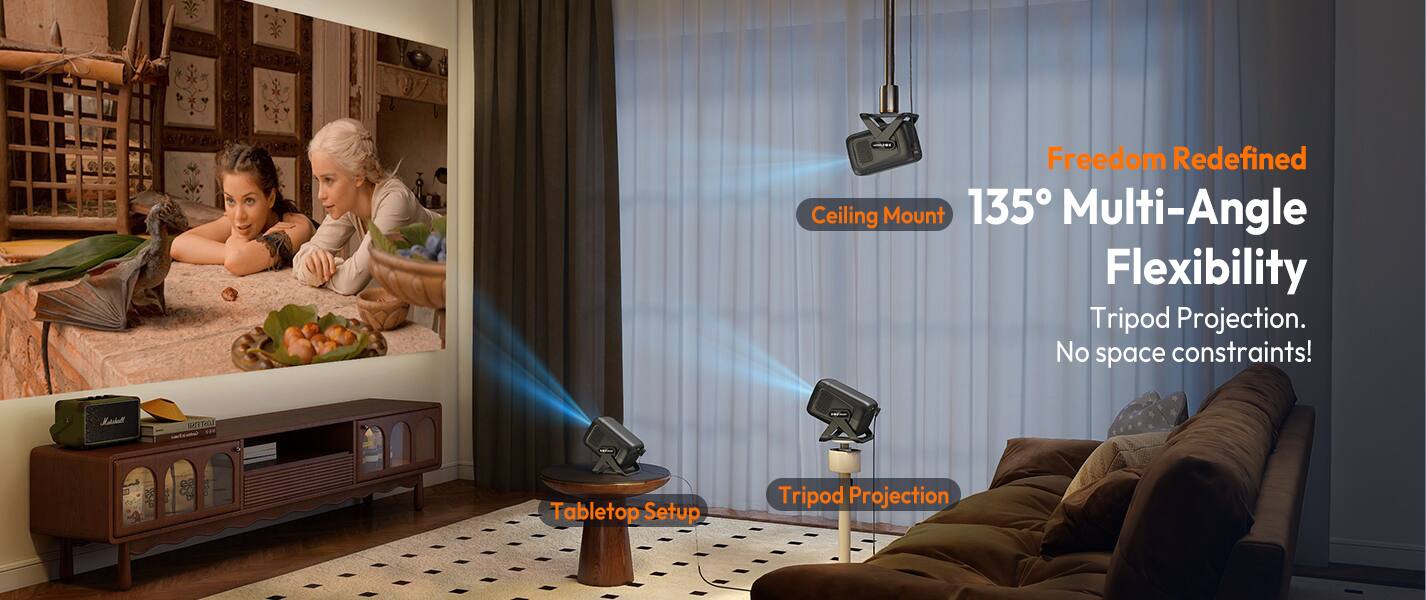 Freedom Redefined  
135° Multi-Angle Flexibility  
Tripod Projection. No space constraints!  

Ceiling Mount  
Tripod Projection  

Tabletop Setup