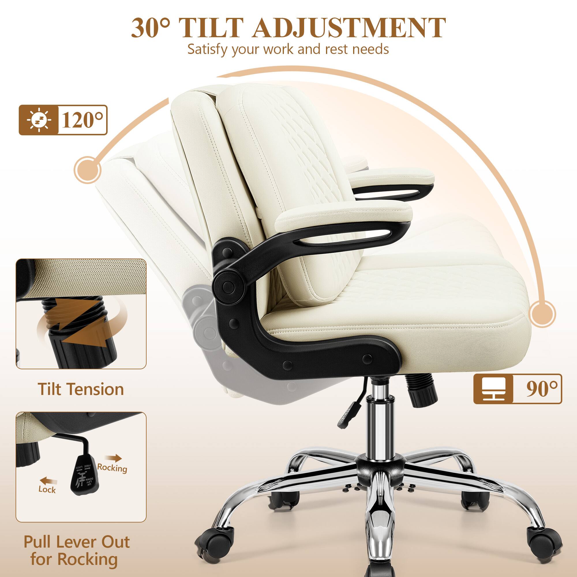 30° TILT ADJUSTMENT  
Satisfy your work and rest needs  

120°  

Tilt Tension  

90°  

Pull Lever Out for Rocking