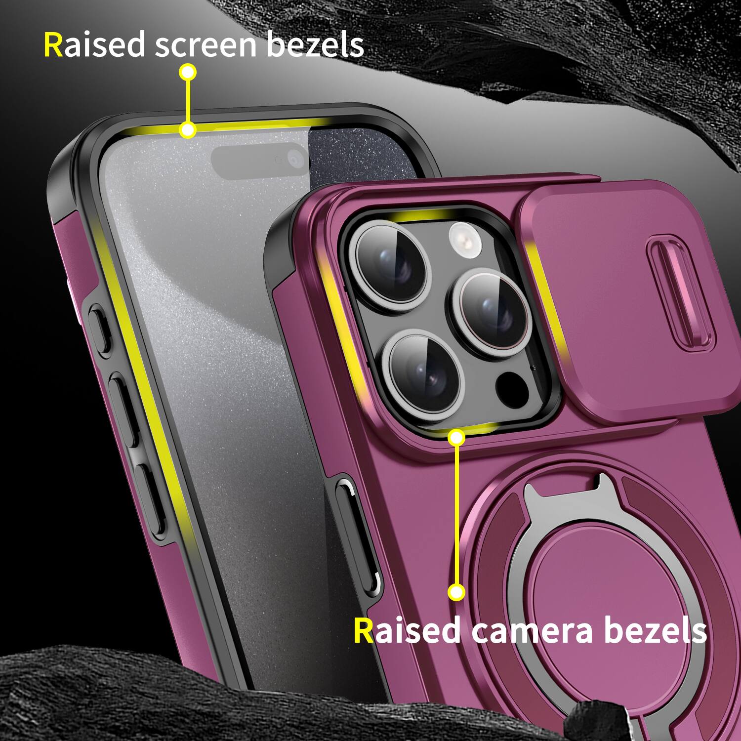 Raised screen bezels  
Raised camera bezels