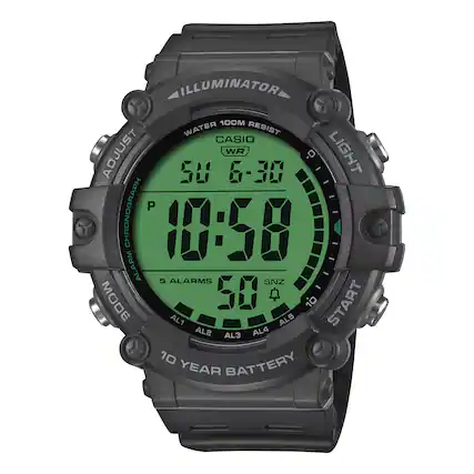 ILLUMINATOR 100M WATER RESIST CASIO ADJUST WR LIGHT - - SU 6-30 QI P CHRONOGRAPH 10:58 - ALARM 5 ALARMS SNZ 10111 - - MODE 50 g. START AL1 AL5 AL2 AL3 AL4 10 YEAR BATTERY