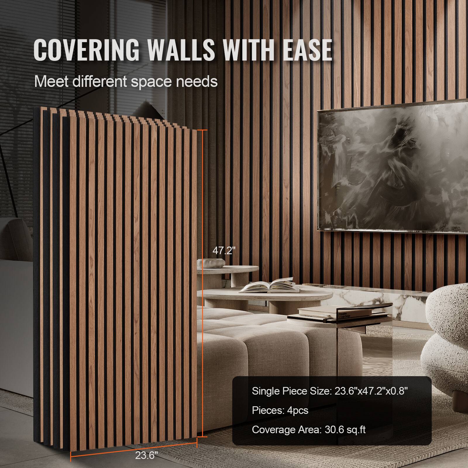 COVERING WALLS WITH EASE  
Meet different space needs  

Single Piece Size: 23.6" x 47.2" x 0.8"  
Pieces: 4pcs  
Coverage Area: 30.6 sq.ft