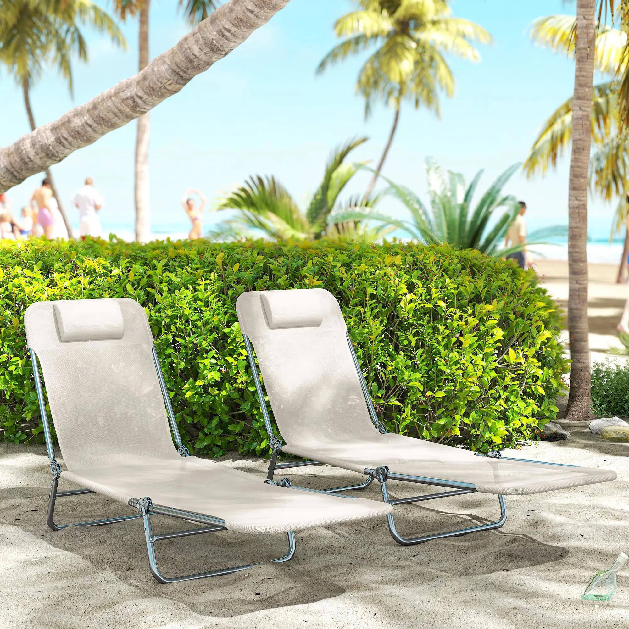 Alt View 2. Resenkos - ResenKos 2-Piece Foldable Premium Chaise Lounge Chairs , Reclining Sunbeds With Breathable Mesh Seating, Cream White - Cream White.