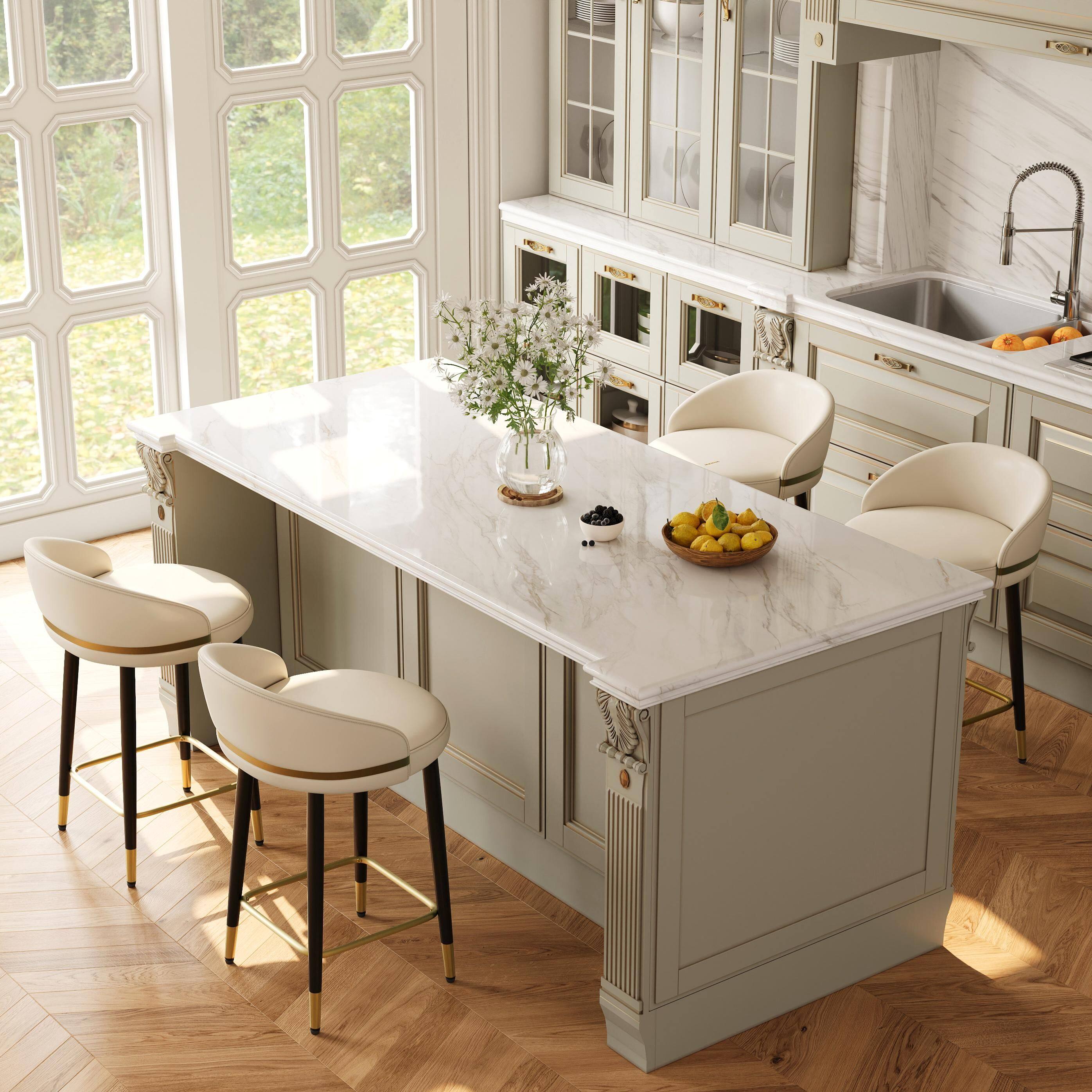 Angle. POVISON - 26" Modern Low Back Counter Height Bar Stools Set of 2, Leather Upholstered Counter Stools, Beige & Black - Beige & Black.