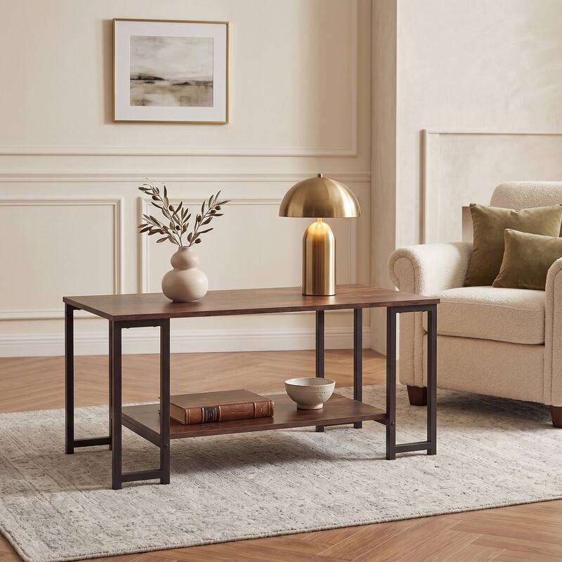 Angle. WELLFOR - 39.5" Coffee Table with Open Shelf & Metal Leg, Industrial Accent Table  Cocktail Tea Table for Living Room - Rustic Brown.