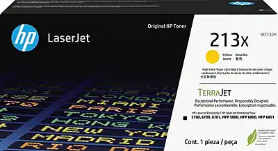 hp LaserJet
Original HP Toner
213x
W2132X
Yellow Amarillo
Jaune
黃色
High Yield Toner Cartridge / Cartouche de toner haute capacité / Cartucho de toner de alta capacidad
TERRAJET
Exceptional Performance. Responsibly Designed.
Performance exceptionnelle. Conception responsable.
Compatible with HP LaserJet Pro MFP M5700, M5701, M5800, MFP 6700, 6701, HFP 5800, MFP 6800, MF? 6801
Cont. 1 pieza / pièce
TERRAJET