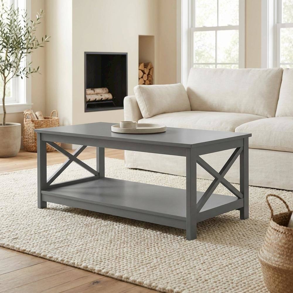 Back. FurniFact - Coffee Table MDF with Shelf in Neutral Finish for Living Room Storage - Gray.