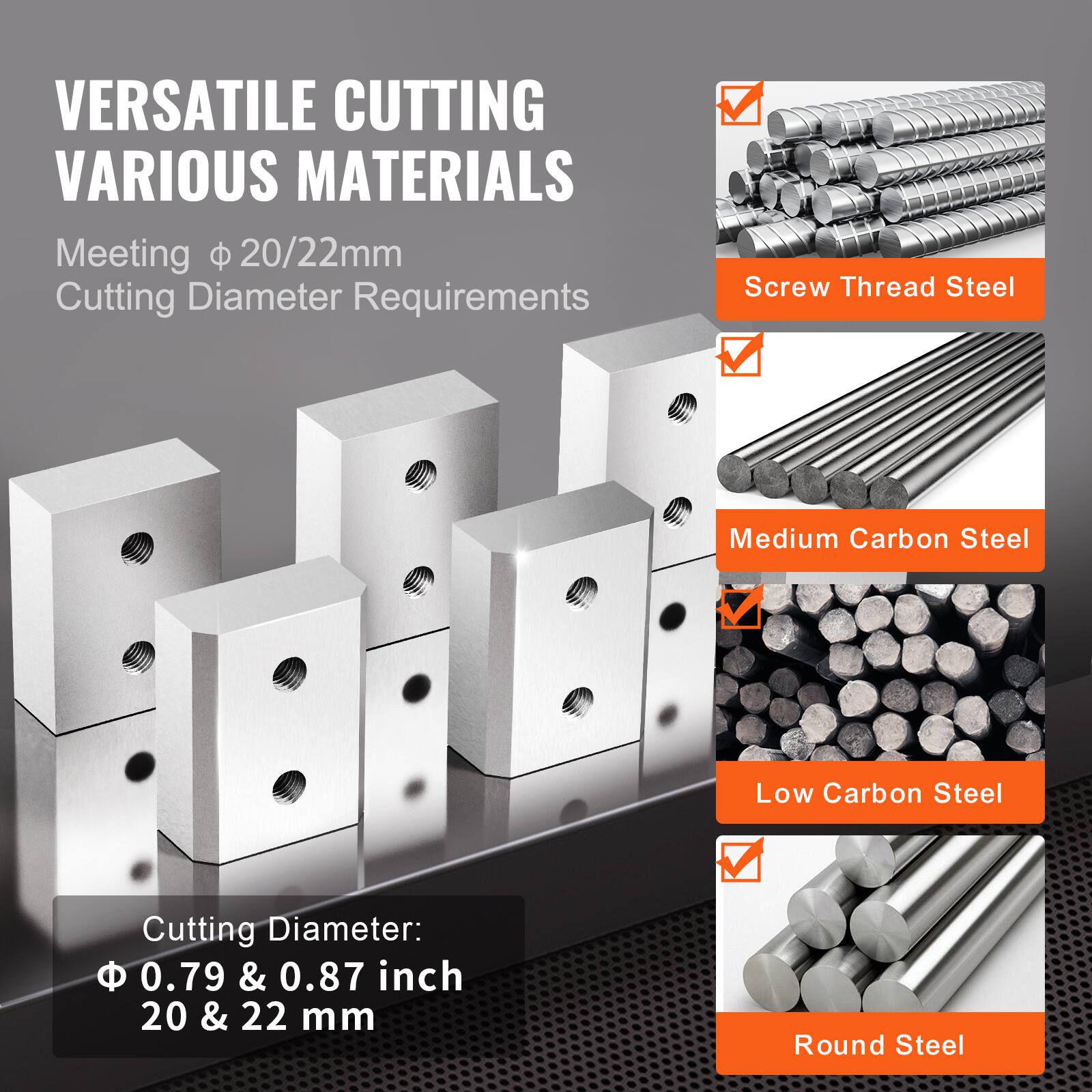 VERSATILE CUTTING VARIOUS MATERIALS  
Meeting φ 20/22mm Cutting Diameter Requirements  

Cutting Diameter:  
φ 0.79 & 0.87 inch  
20 & 22 mm  

- Screw Thread Steel  
- Medium Carbon Steel  
- Low Carbon Steel  
- Round Steel