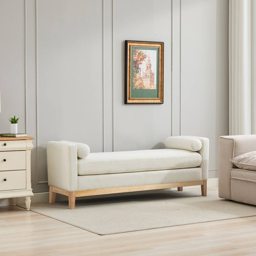 Angle. Ropilly - Ropilly Ivory Boucle End of Bed Bench Upholstered Entryway Daybed with Natural Wood Frame and Bolster Pillows - Ivory.