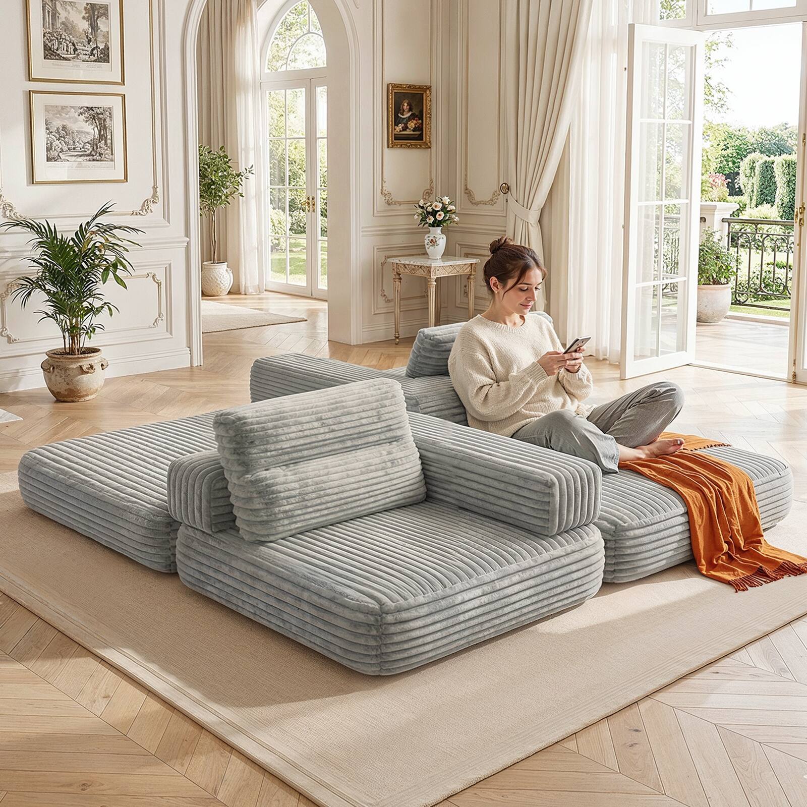 Angle. Pinmoco - 81.5'' Modular Sectional Sleeper Sofa Bed, Convertible L Shaped Couch with Pillows and Storage - Gray.