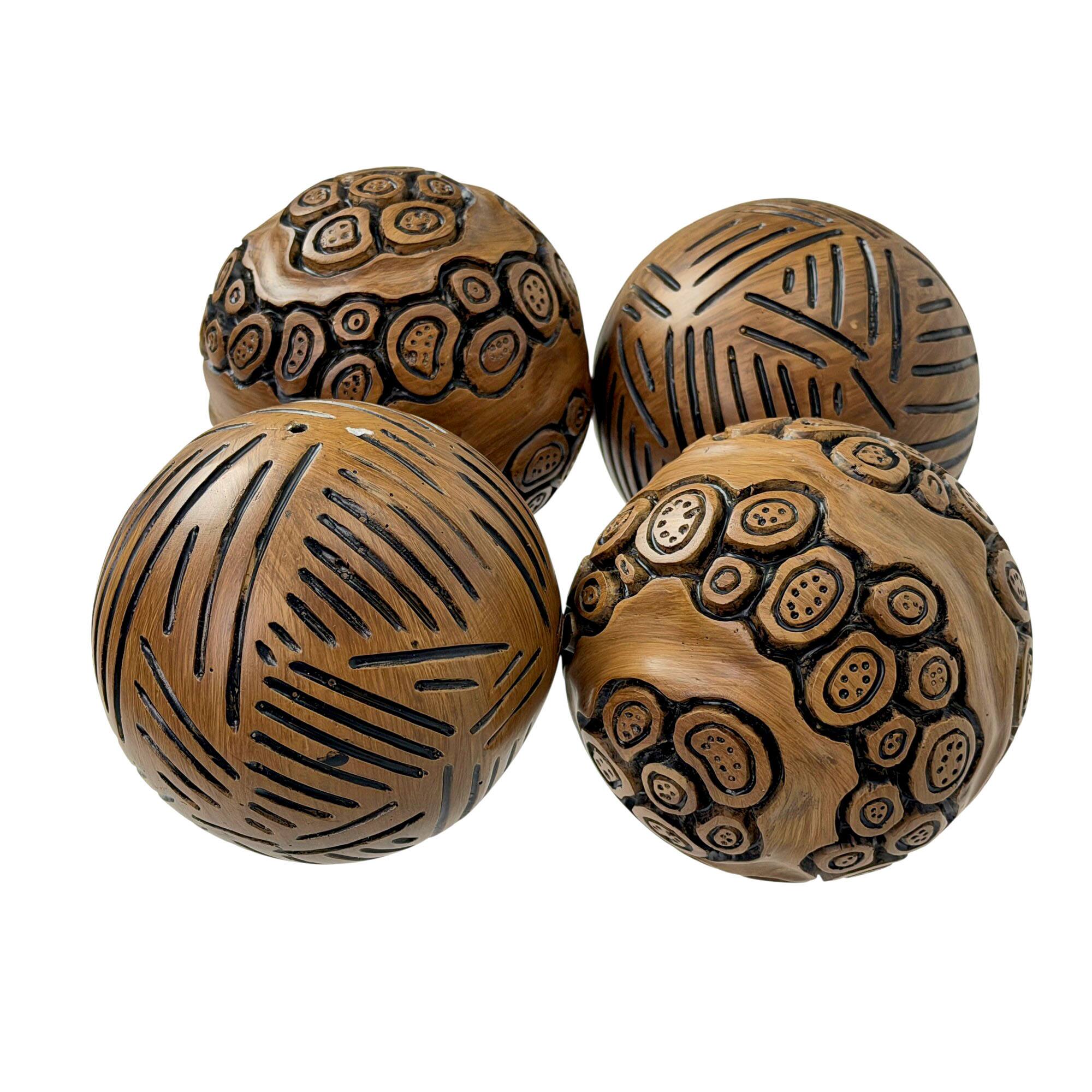 Alt View 2. Things2Die4 - Set of 4 Brown Resin Decorative Orbs 4 in Distressed Geometric Sphere Decor - Brown.