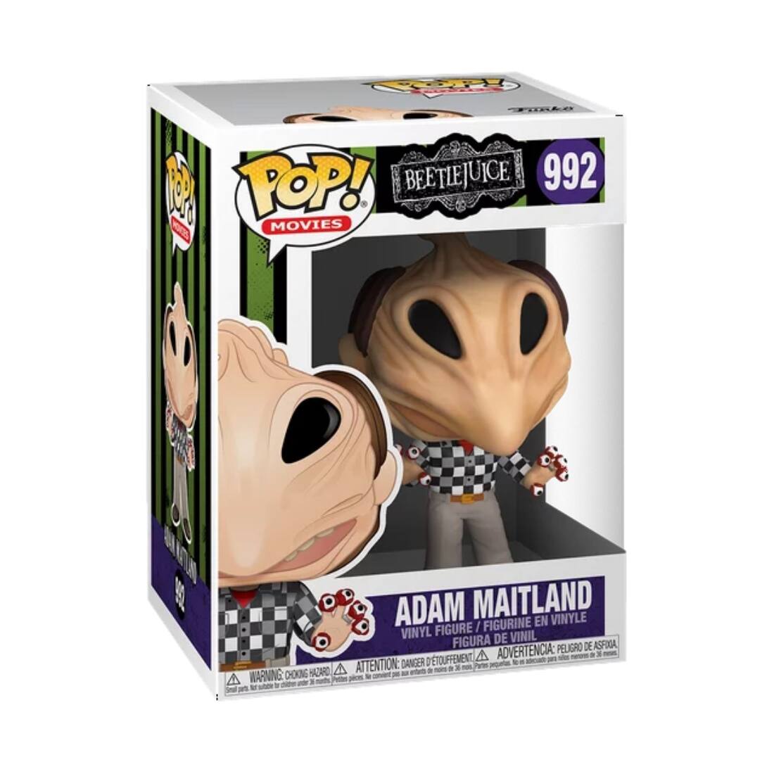 POP! BEETLEJUICE 992 MOVIES WARNING: CHOKING HAZARD ADAM MAITLAND VINYL FIGURE / FIGURINE FIGURA DE VINIL PELIGRO DE ASFOGA D'TOUFFEMENT A ADVERTENCIA: DANGER: CHOKING HAZARD ATTENTION: