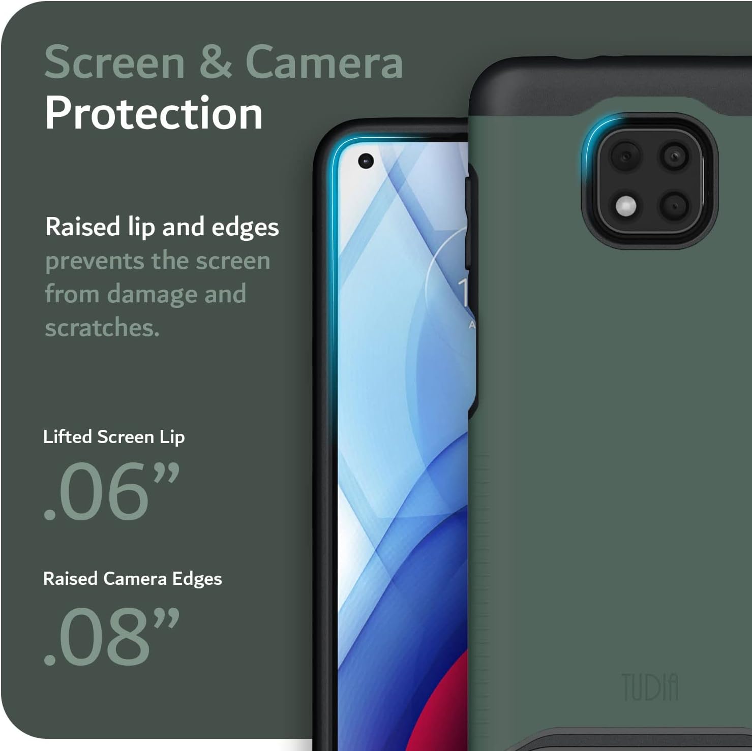Screen & Camera Protection

Raised lip and edges prevents the screen from damage and scratches.

Lifted Screen Lip .06"

Raised Camera Edges .08"

TUDIA