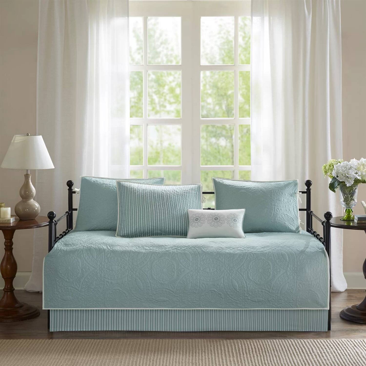 Angle. Hivvago - 6-Piece Farmhouse Quilted Seafoam Blue Green Teal Reversible Daybed Cover Set - Blue Green.