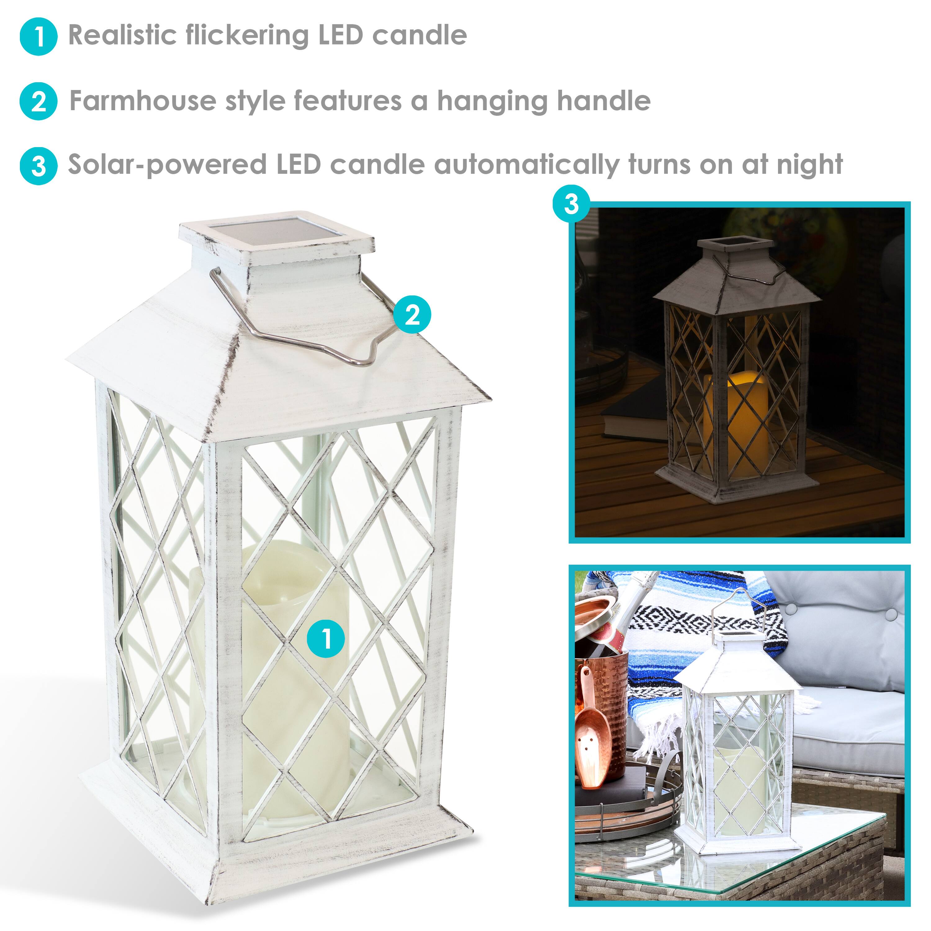 1. Realistic flickering LED candle
2. Farmhouse style features a hanging handle
3. Solar-powered LED candle automatically turns on at night
