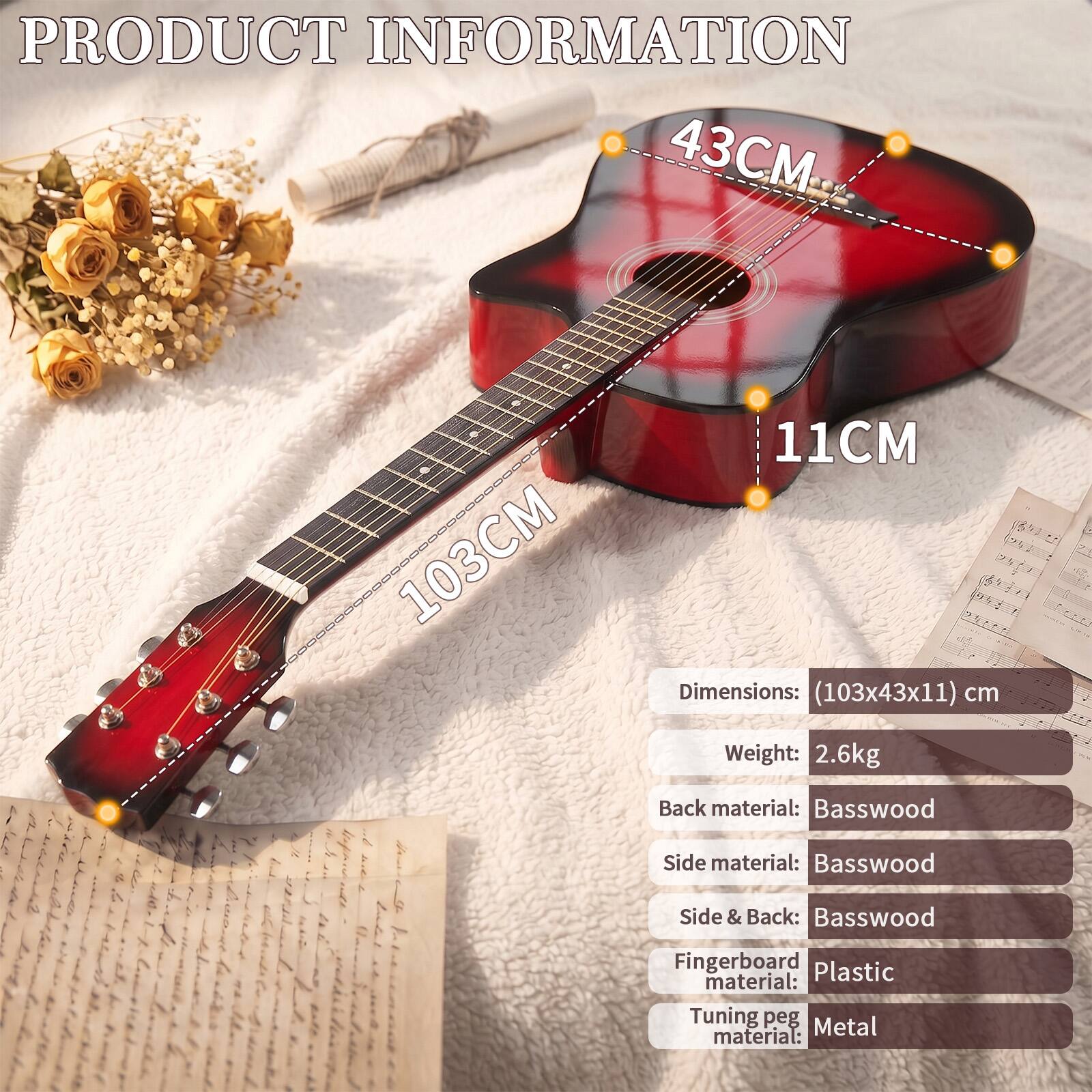 PRODUCT INFORMATION

Dimensions: (103x43x11) cm  
Weight: 2.6kg  
Back material: Basswood  
Side material: Basswood  
Side & Back: Basswood  
Fingerboard material: Plastic  
Tuning peg material: Metal