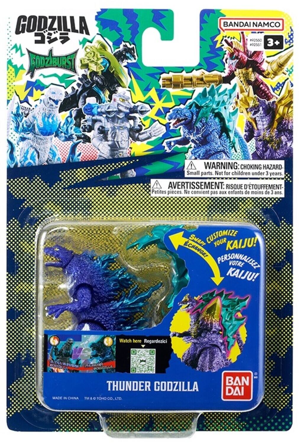 GODZILLA BANDAI NAMCO  
#92560 3+ #92561  
BODZIBURST  
WARNING: CHOKING HAZARD- Small parts. Not for children under 3 years.  
AVERTISSEMENT: RISQUE D'ÉTOUFFEMENT- Petites pièces. Ne convient pas aux enfants de moins de 3 ans.  
SWAP! CUSTOMIZE YOUR KAIJU! CHANGE! PERSONNALISEZ VOTRE KAIJU!  
Watch here Regardez ici  
ON MADE IN CHINA  
THUNDER GODZILLA TM & TOHO Co. LTD.  
BAN DAI
